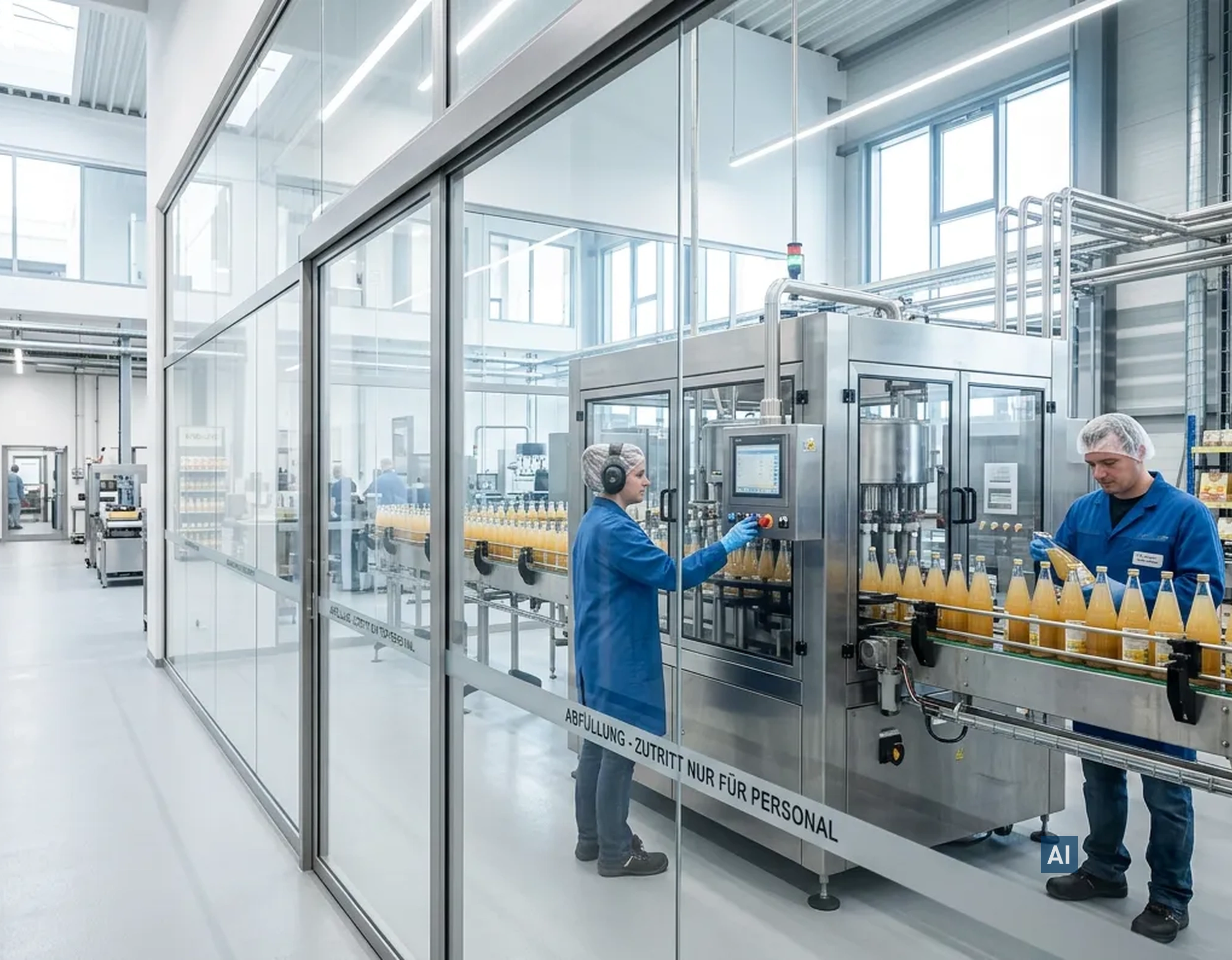 Produktionshalle mit Glaswänden und Haverkamp glasklar safe 115µ SR, Mitarbeitende bedienen eine Abfüllanlage.