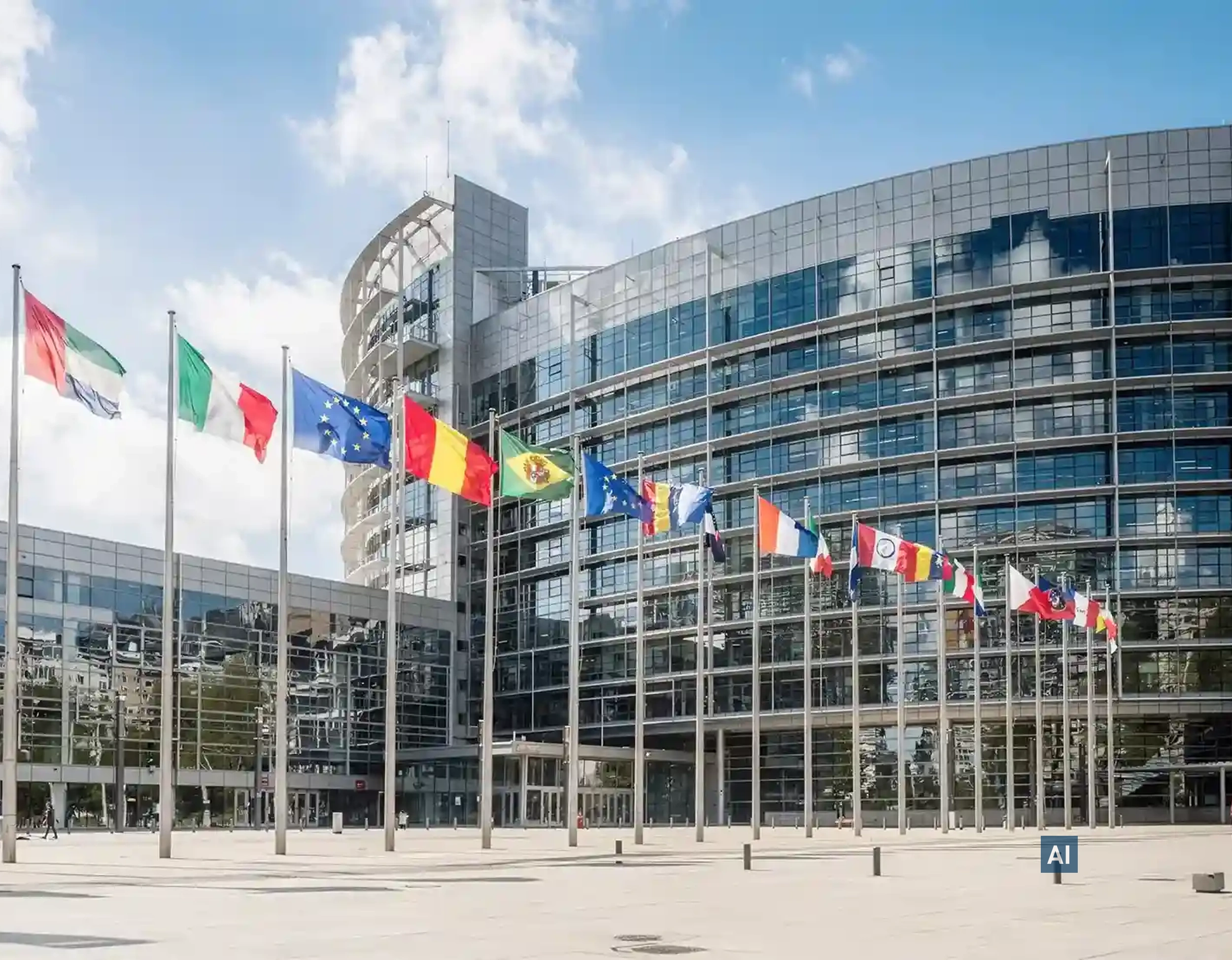 EU-Parlament mit Haverkamp Shielding 70 SG sr grau hell Folie auf Glasfassade hinter wehenden Flaggen.