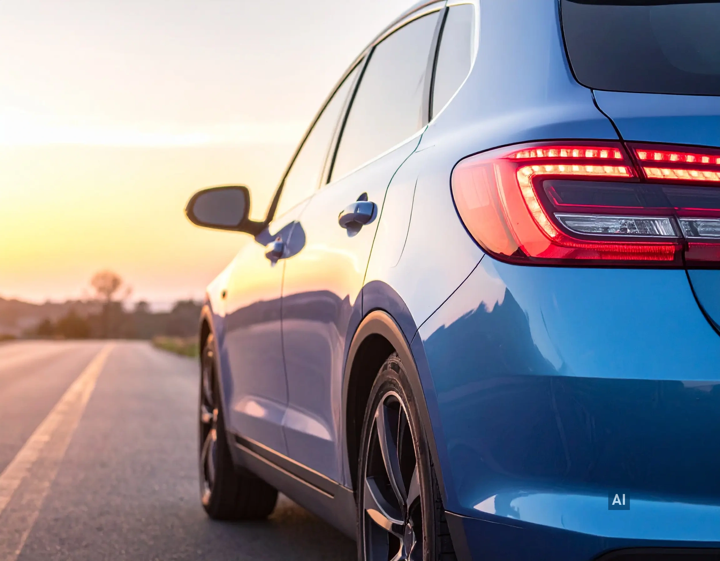 Blaues Auto am Straßenrand bei Sonnenuntergang; die hinteren Scheiben sind dunkel getönt mit HAVERKAMP Basic Bond 05.