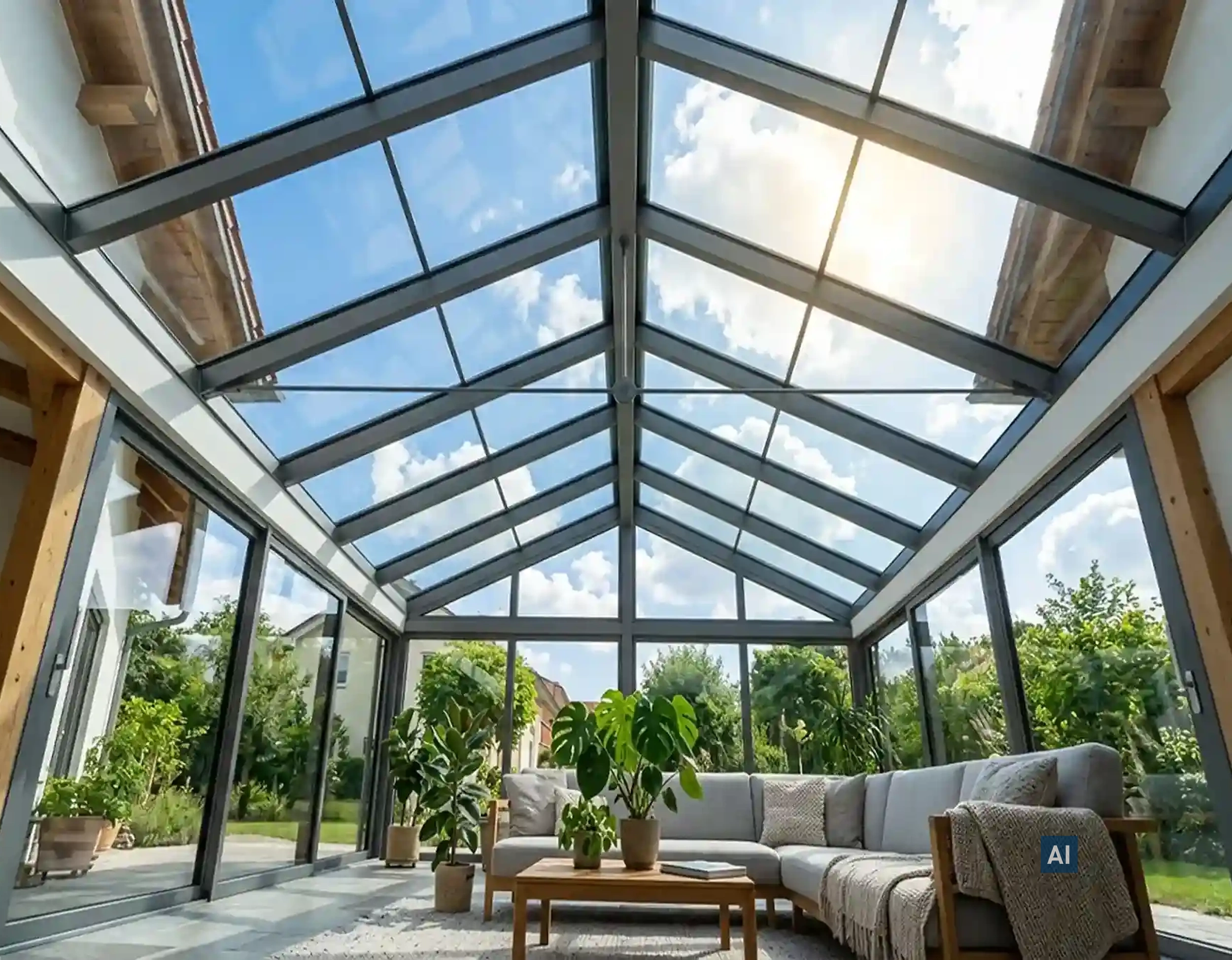 Wintergarten-Glasdach mit Haverkamp Silber Hell 50R SR Primus Plus Folie reduziert Hitze bei hoher Lichtdurchlässigkeit.