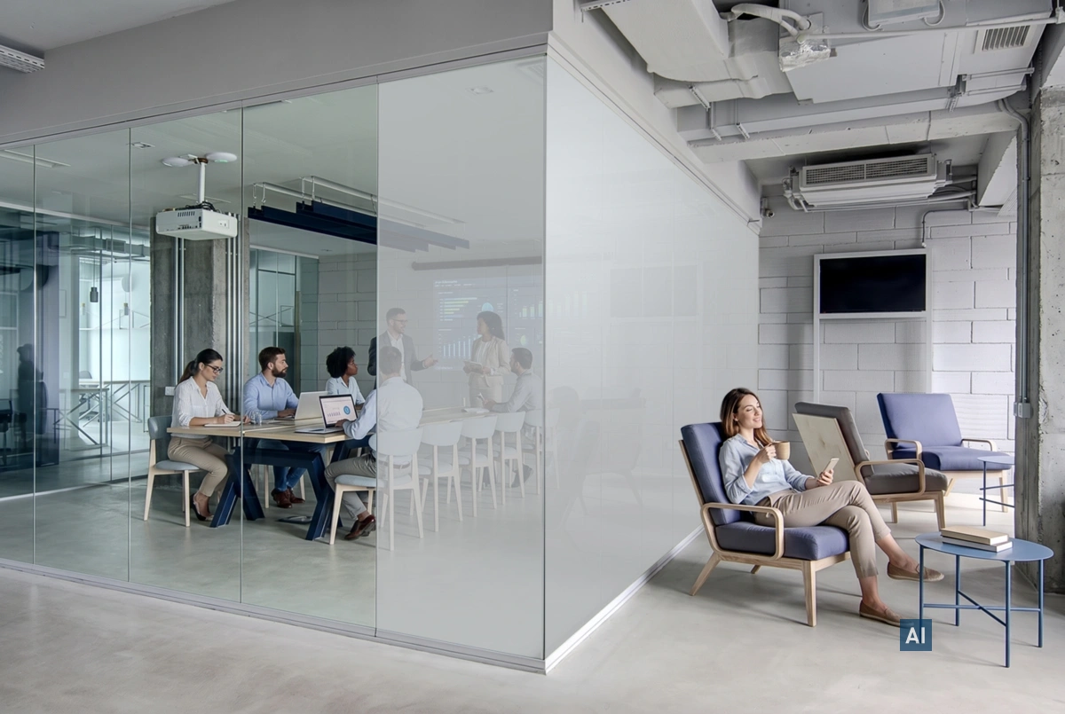 Glastrennwand mit Haverkamp ClickFilm® classic grey light teilt Konferenzraum und Lounge-Bereich blickdicht ab.