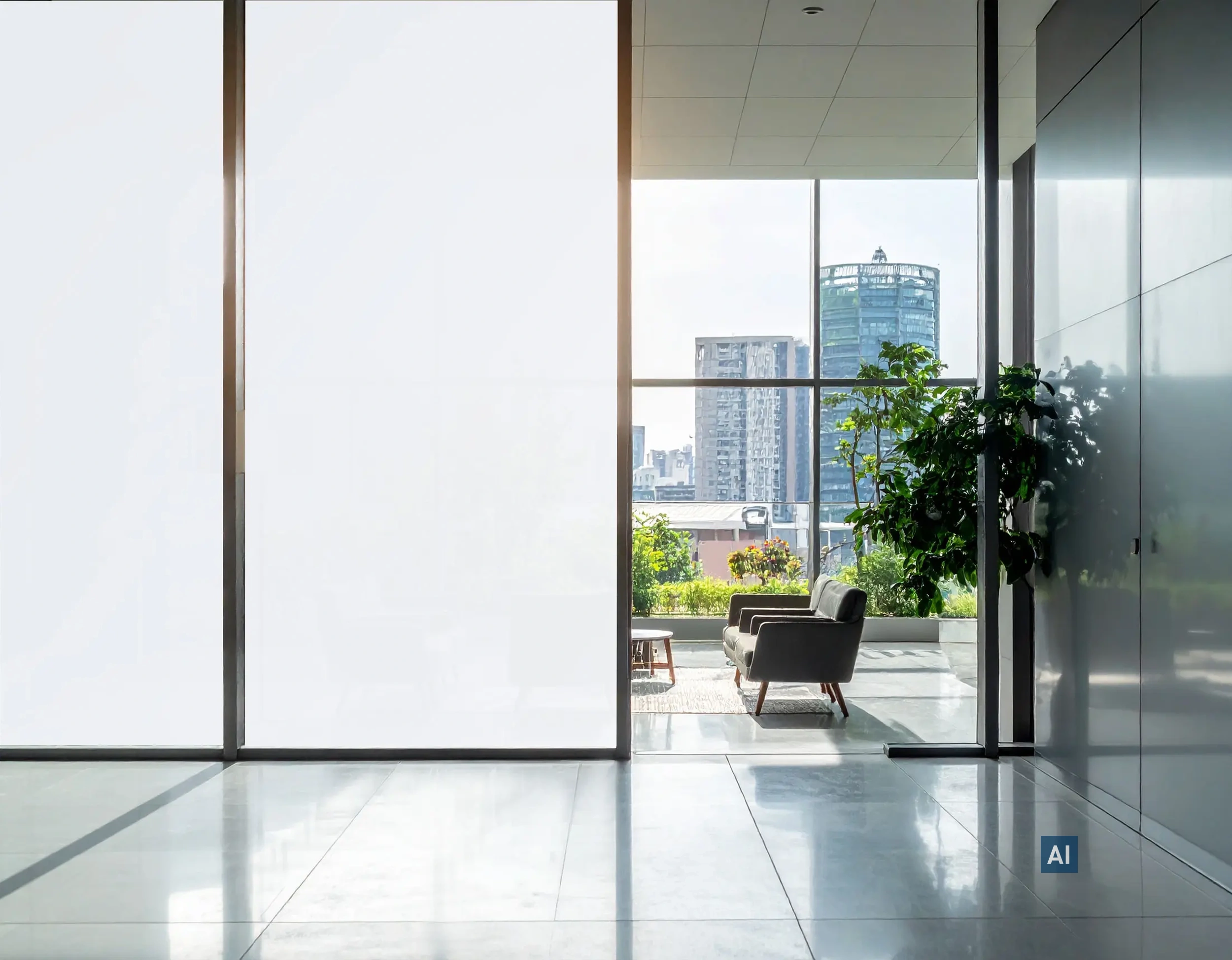 Büroflur mit Glasflächen foliert mit Haverkamp Weiß Matt Safe 125µ, Lounge-Sessel und Stadtblick dahinter.