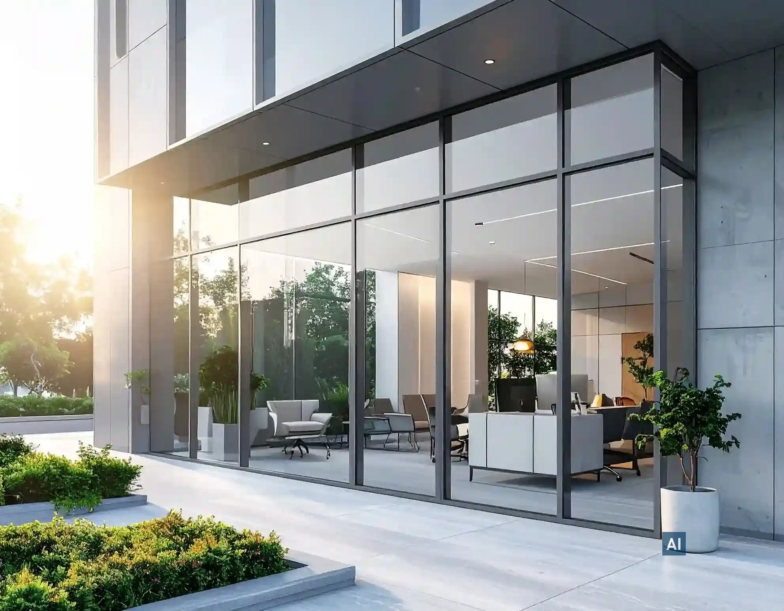 Gebäude mit Lounge-Bereich und Haverkamp Silber 35R SR Sonnenschutzfolie an der Glasfront.
