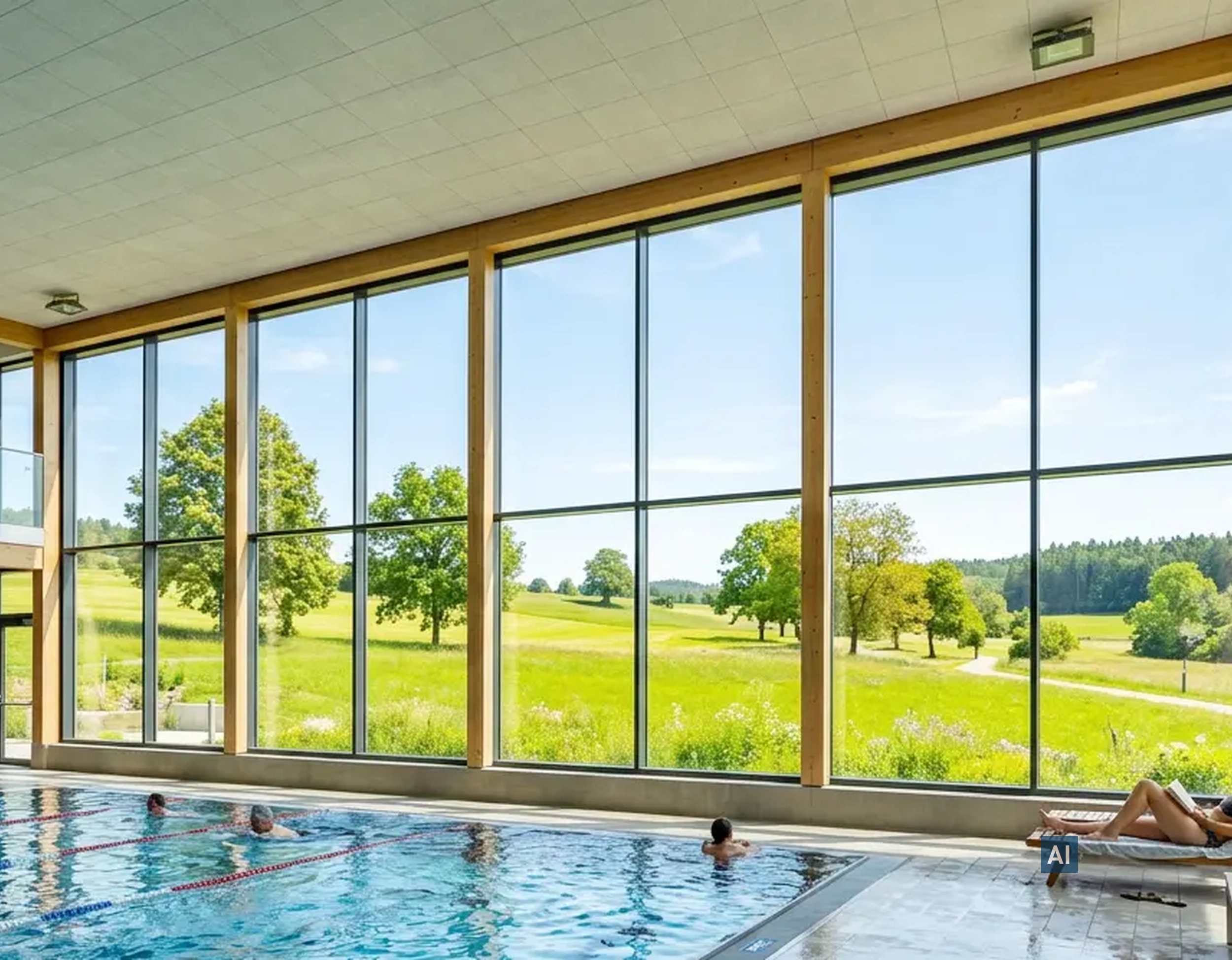 Hallenbad mit klarer Glasfront dank Haverkamp Anti-Fog, Badegäste mit Blick auf grüne Wiesen und Bäume.