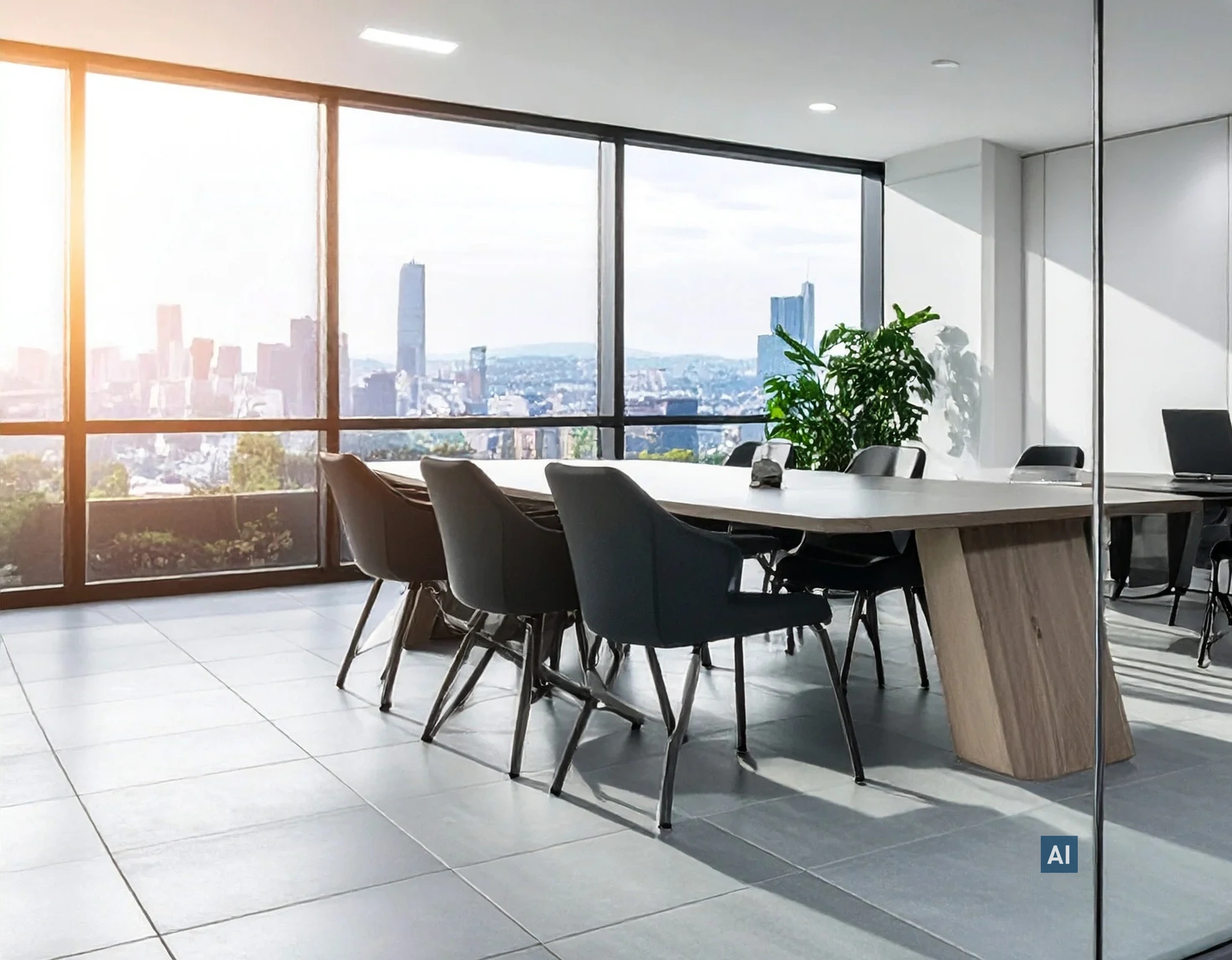 Modernes Konferenzzimmer mit Skyline-Blick und Haverkamp Imperial Hell 65S SR Folie auf der großen Fensterfront.