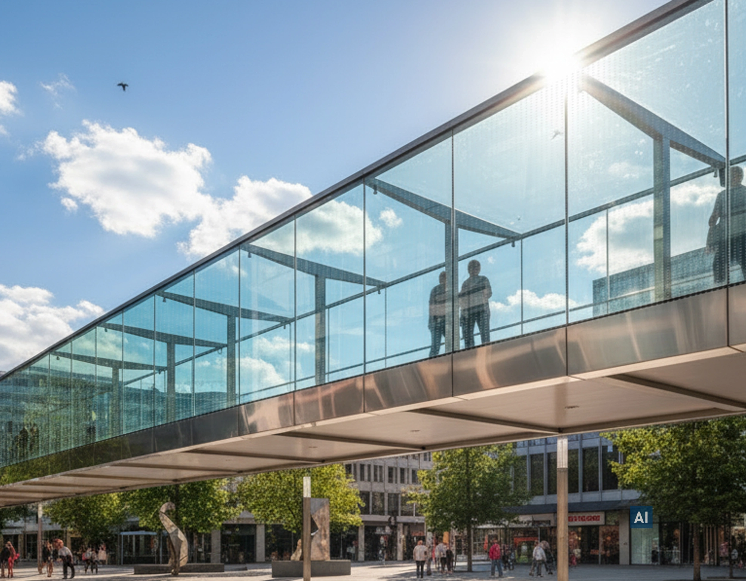 Glas-Skywalk geschützt mit Haverkamp birdsafe® Vogelschutzfolie mit Punkten silber silber über einer Fußgängerzone.