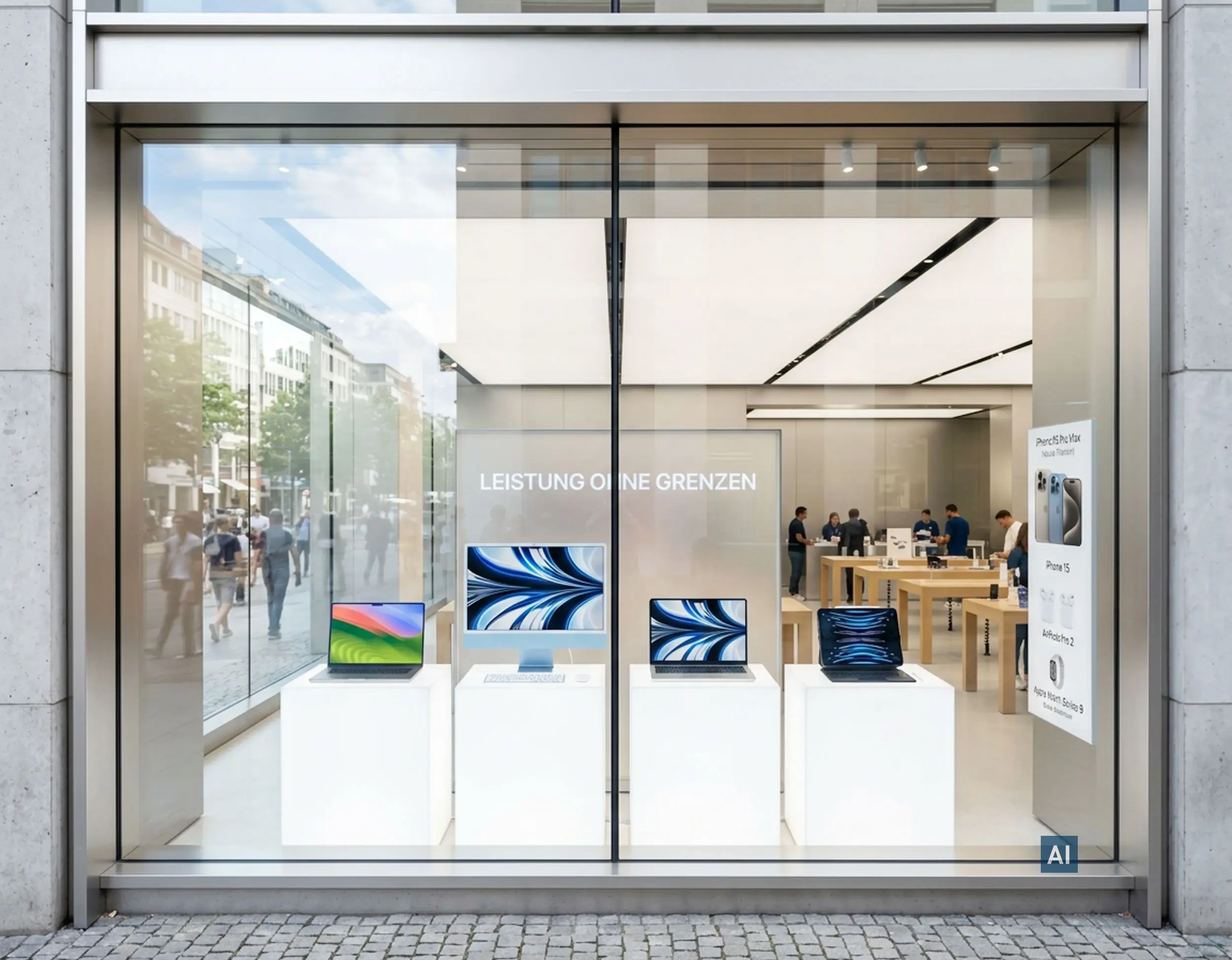 Modernes Schaufenster mit Computern, geschützt durch Haverkamp AS A1 SR DIN EN 356-P2A Einbruchschutzfolie.