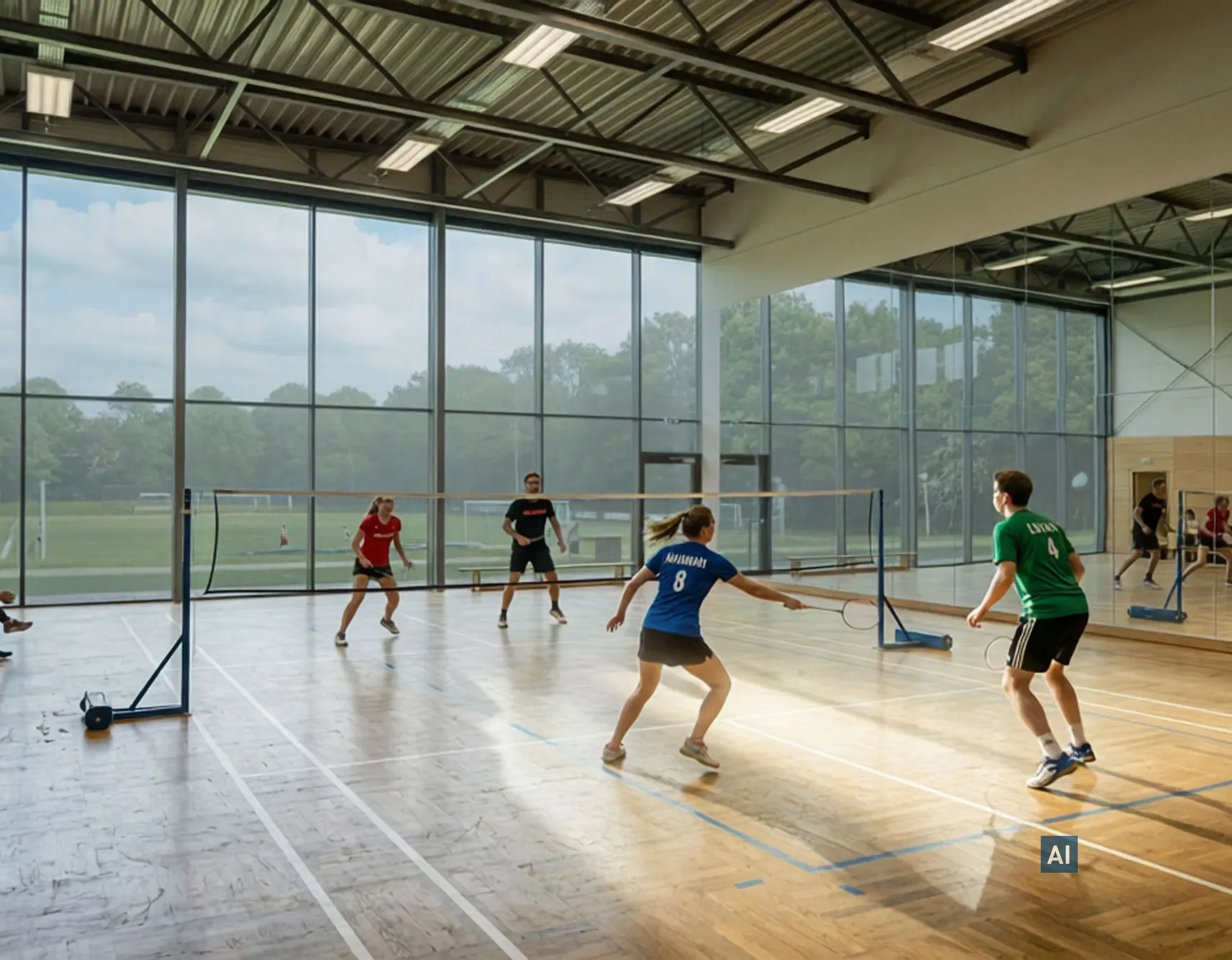 Helle Sporthalle mit Badmintonspielern und Haverkamp Silber 35R SR Folie an der Glasfront.