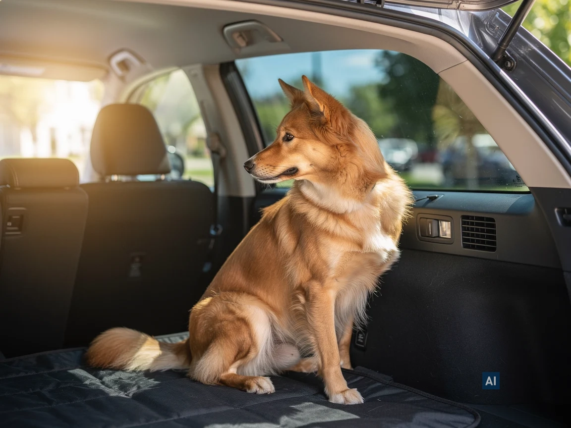 Hund im Kofferraum blickt durch die mit HAVERKAMP Best Bond 12 getönte Heckscheibe ins sonnige Freie.