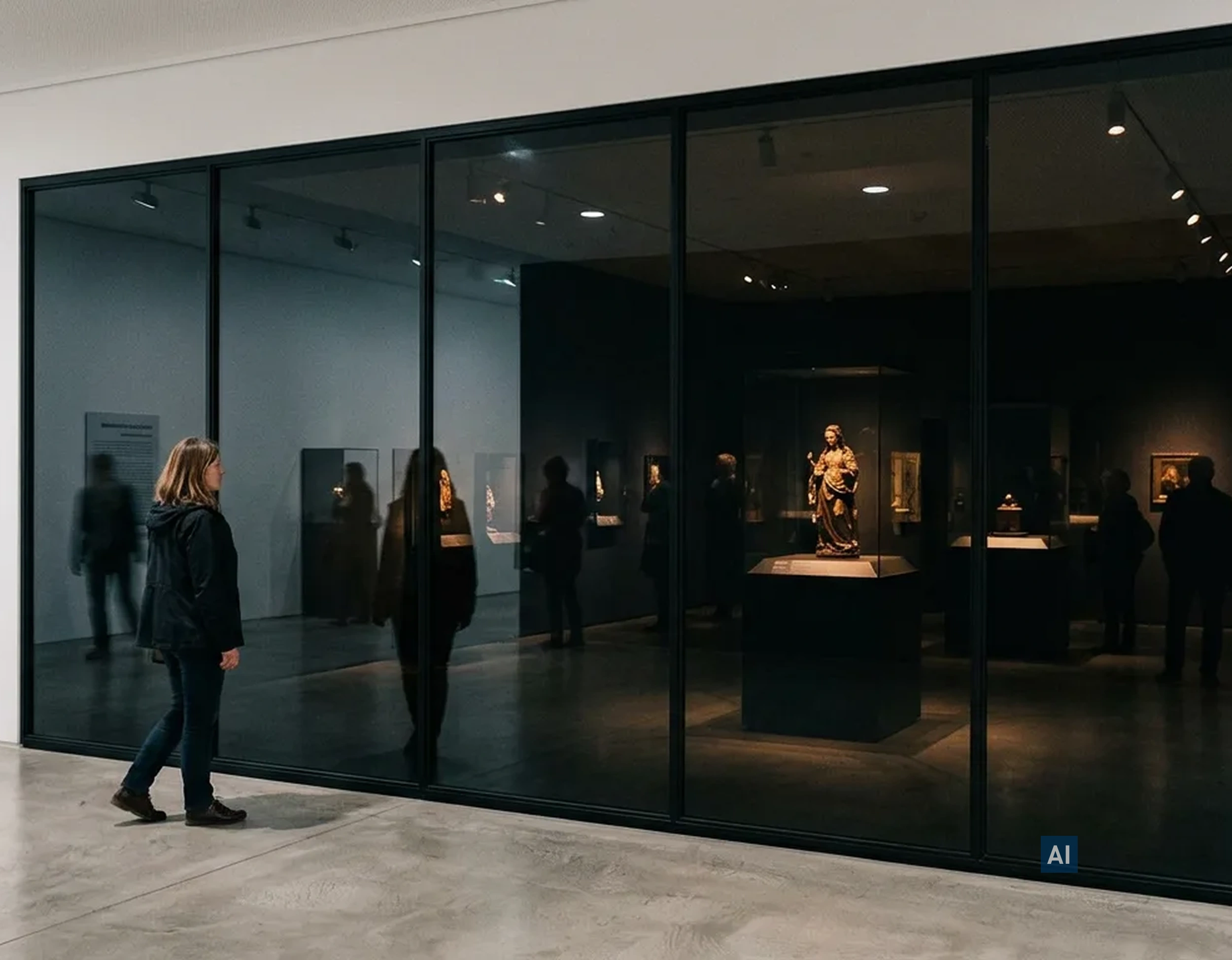 Glastrennwand im Museum mit Haverkamp Spionspiegelfolie Dunkel 7R SR für einseitigen Sichtschutz durch Lichtunterschiede.
