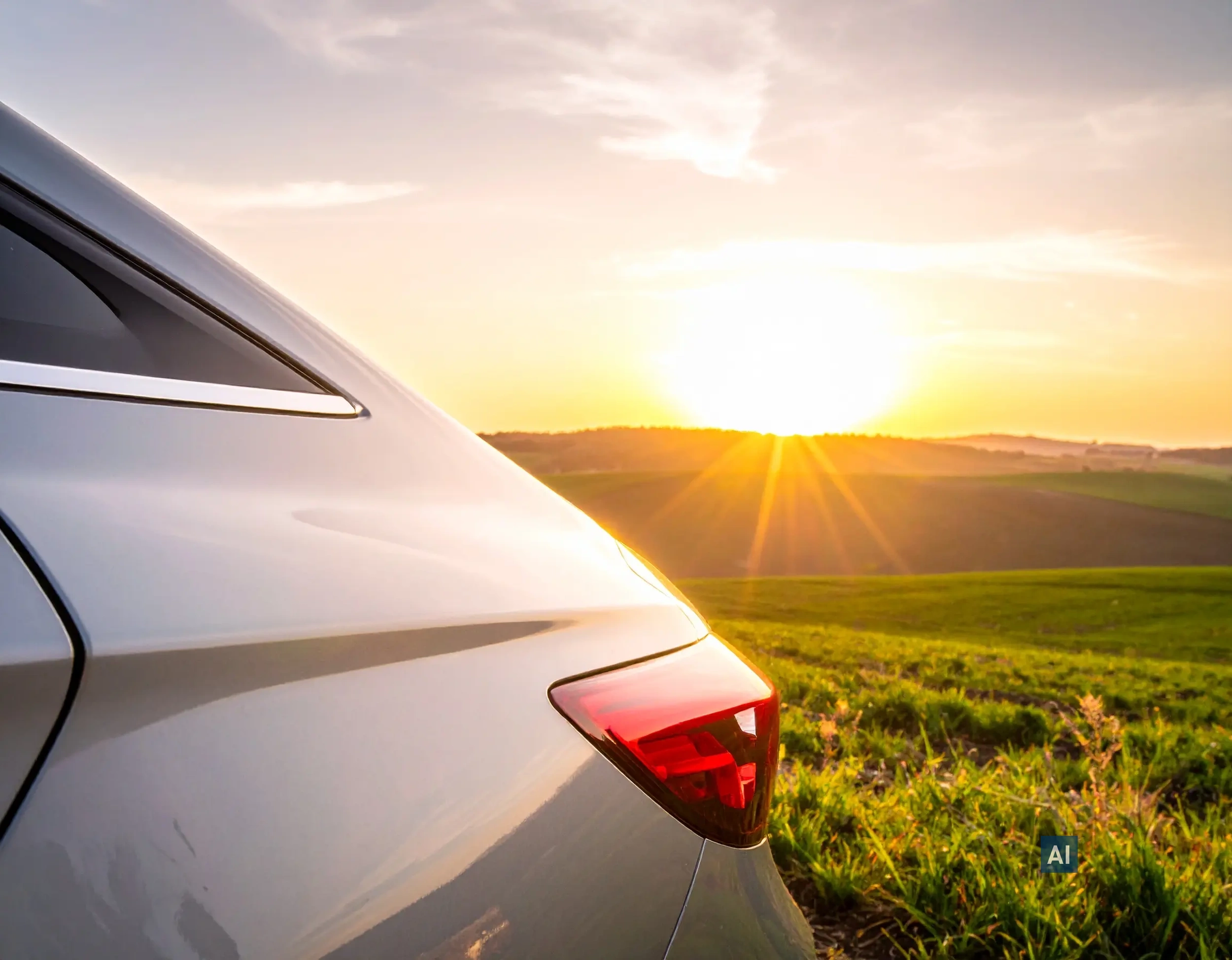 Nahaufnahme des Fahrzeughecks mit rotem Rücklicht vor grüner Hügellandschaft im Sonnenuntergang.