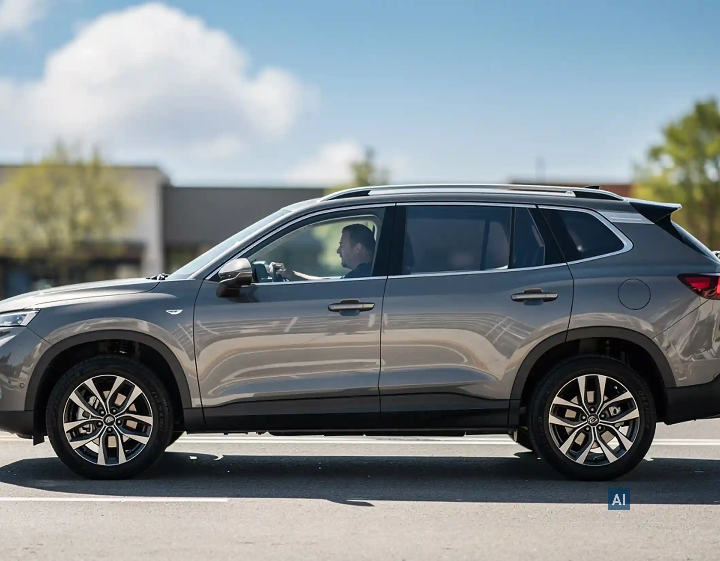 Grauer SUV auf städtischer Straße; hintere Scheiben tiefschwarz getönt mit HAVERKAMP Ceramic Bond 05 für maximalen Sichtschutz.