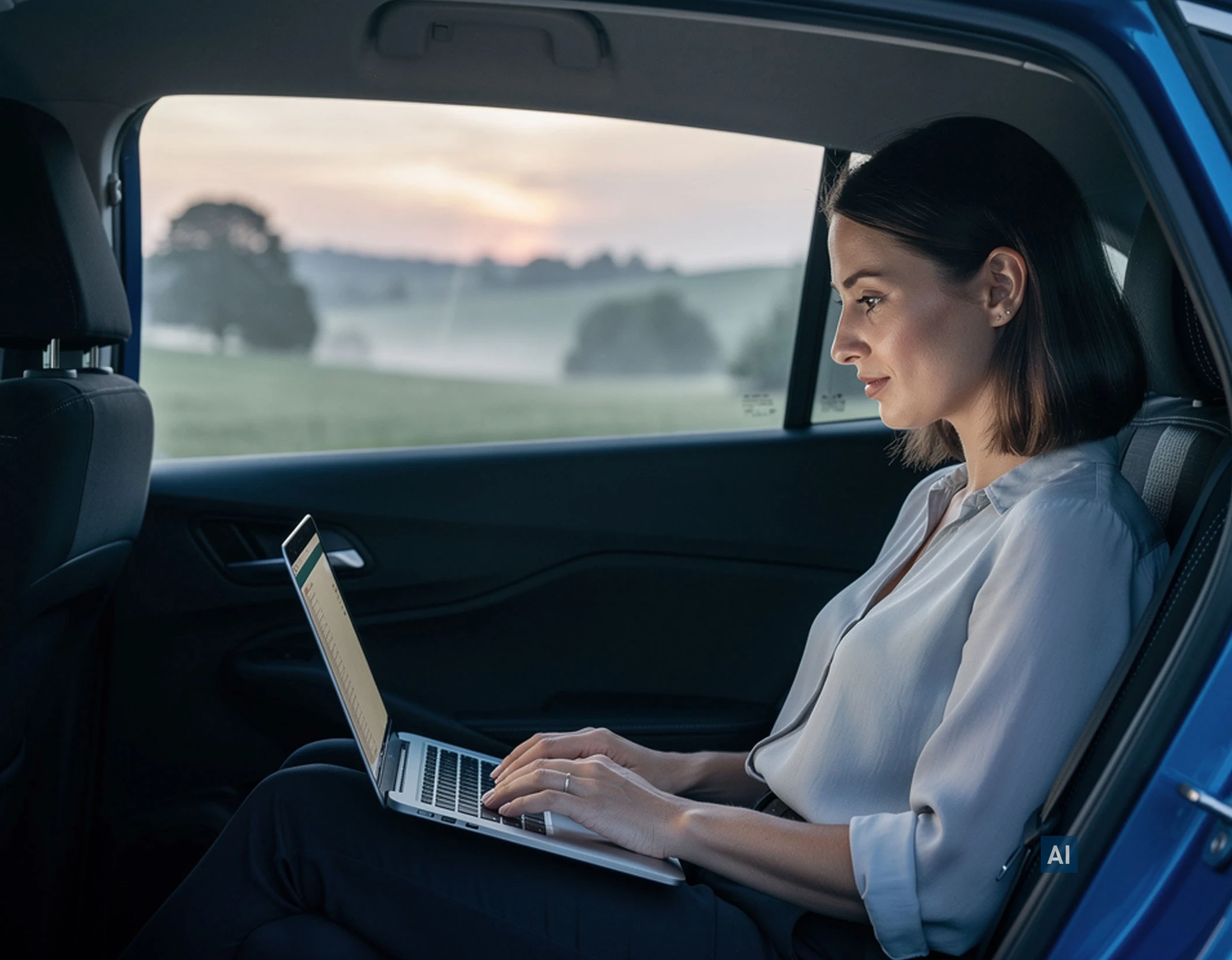 Frau arbeitet im Autofond am Laptop mit freier Sicht auf Hügellandschaft dank HAVERKAMP Ceramic Bond 70 Folie.