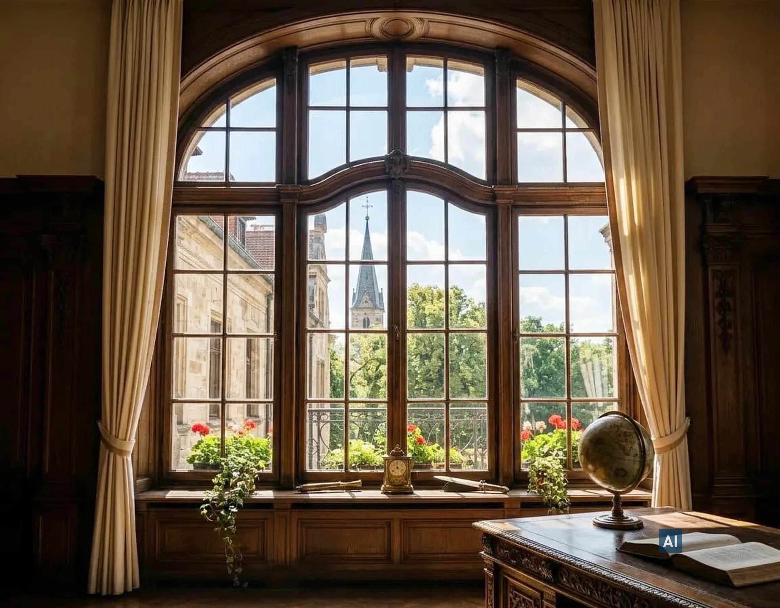 Großes Bogenfenster mit Haverkamp UV 90NR SR Folie schützt Interieur vor UV-Strahlung und Verblassen von Möbeln.