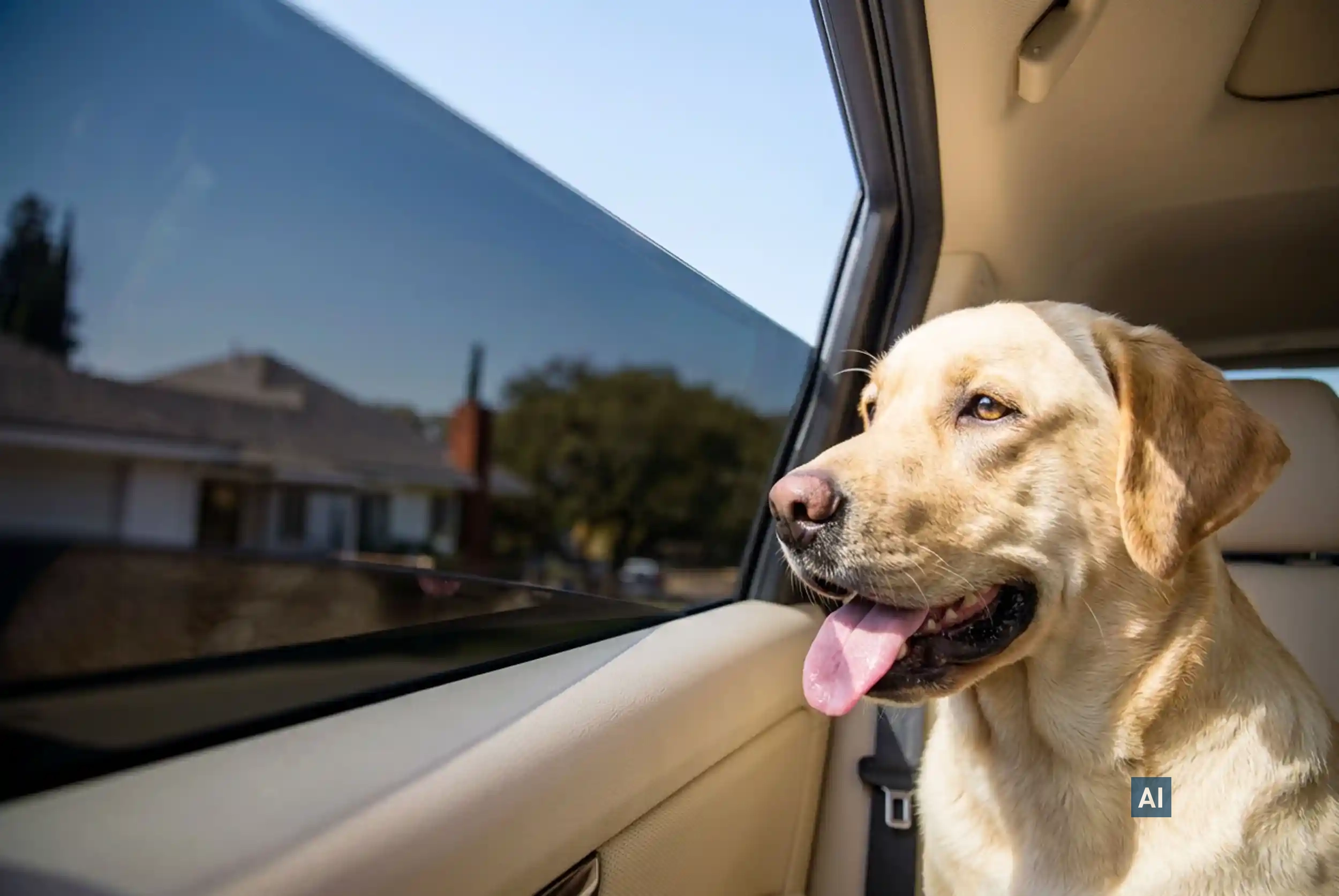 Golden Retriever im Auto blickt aus dem Fenster, geschützt durch HAVERKAMP Best Bond 12 Tönungsfolie.
