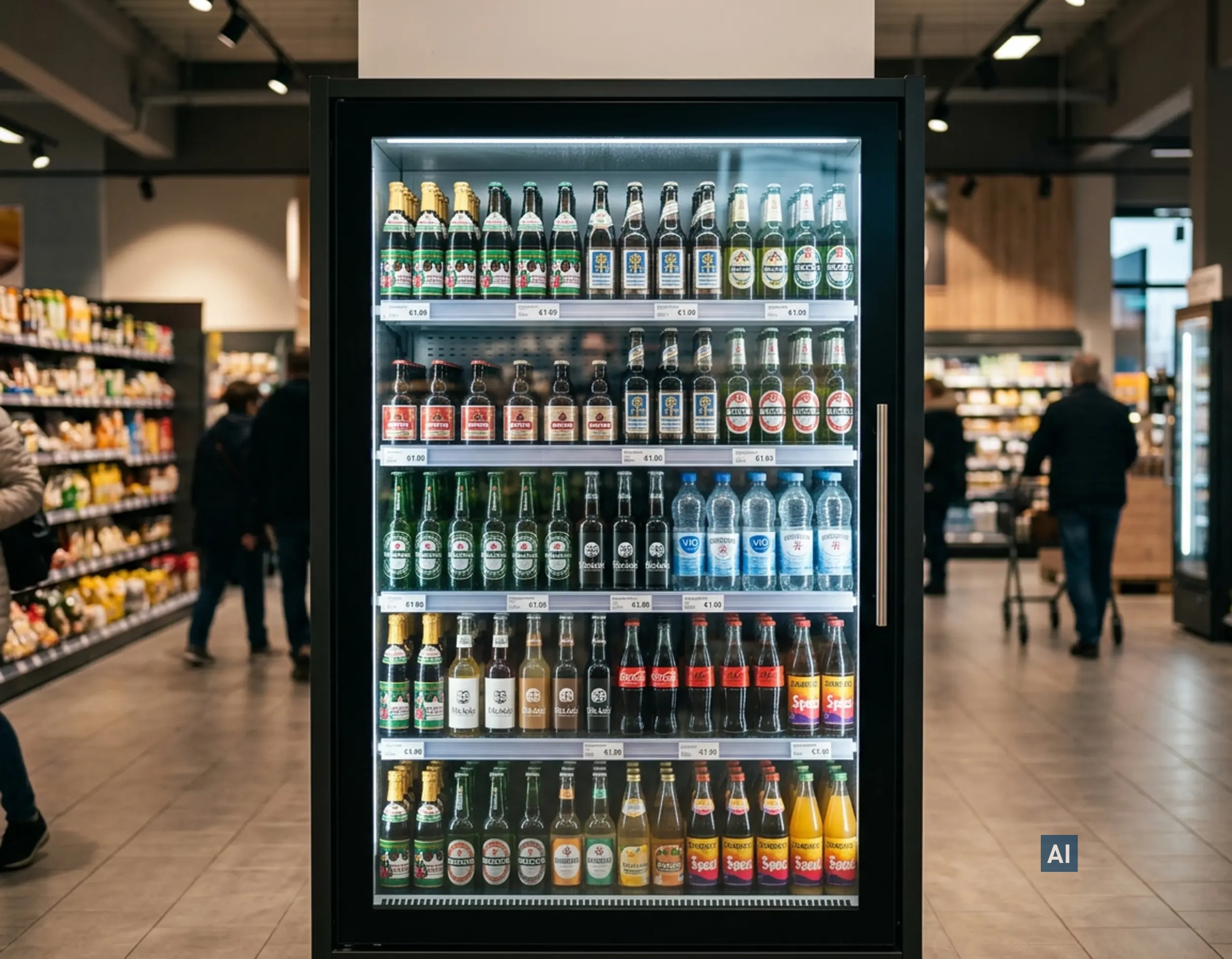 Getränkekühlschrank im Supermarkt mit Haverkamp Anti-Fog: Klare Sicht auf Flaschen ohne beschlagene Glasscheibe.