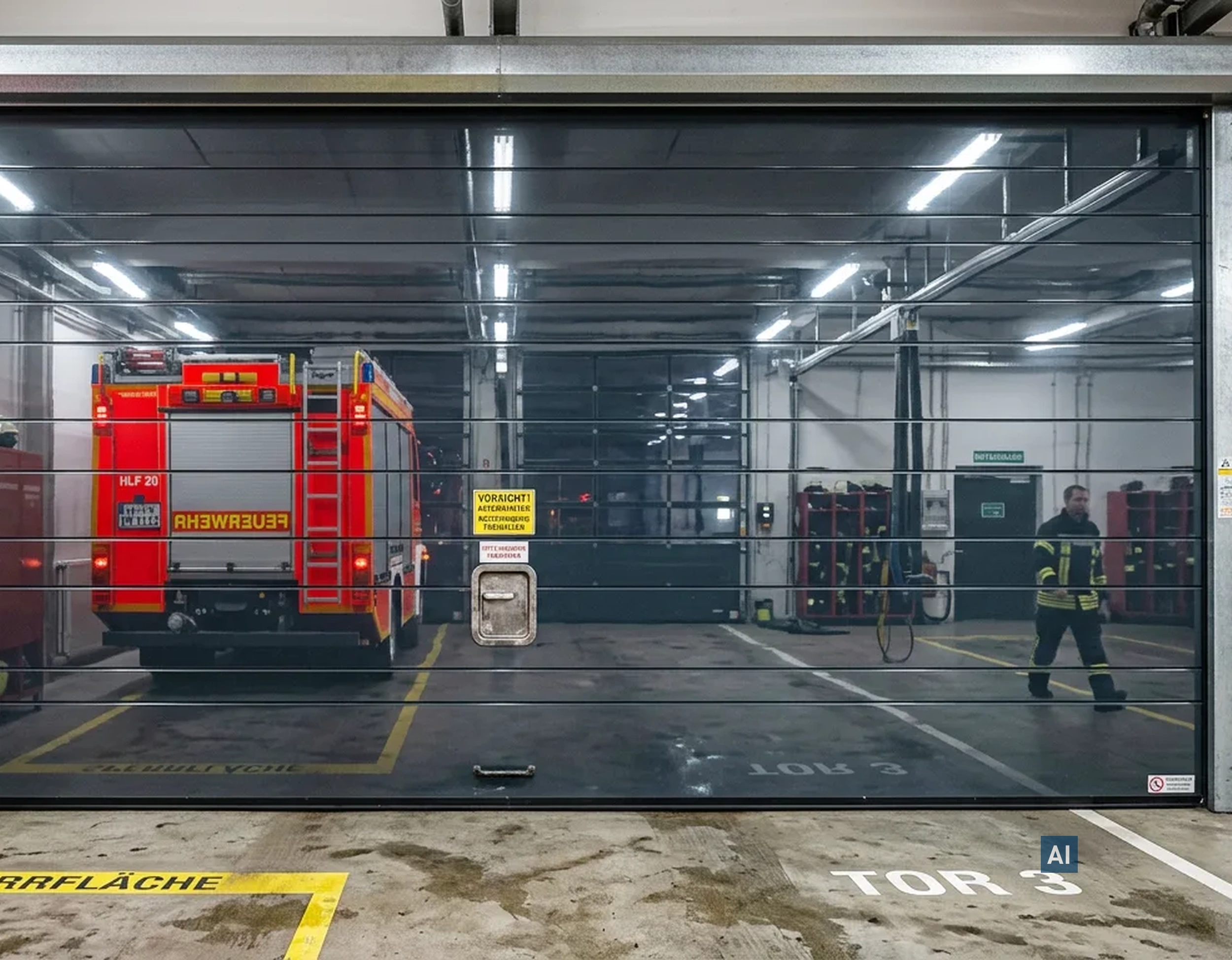 Feuerwehrwache mit Haverkamp Grau 10NR Folie auf Glaswand ermöglicht Blick in die Fahrzeughalle und reduziert Blendung.