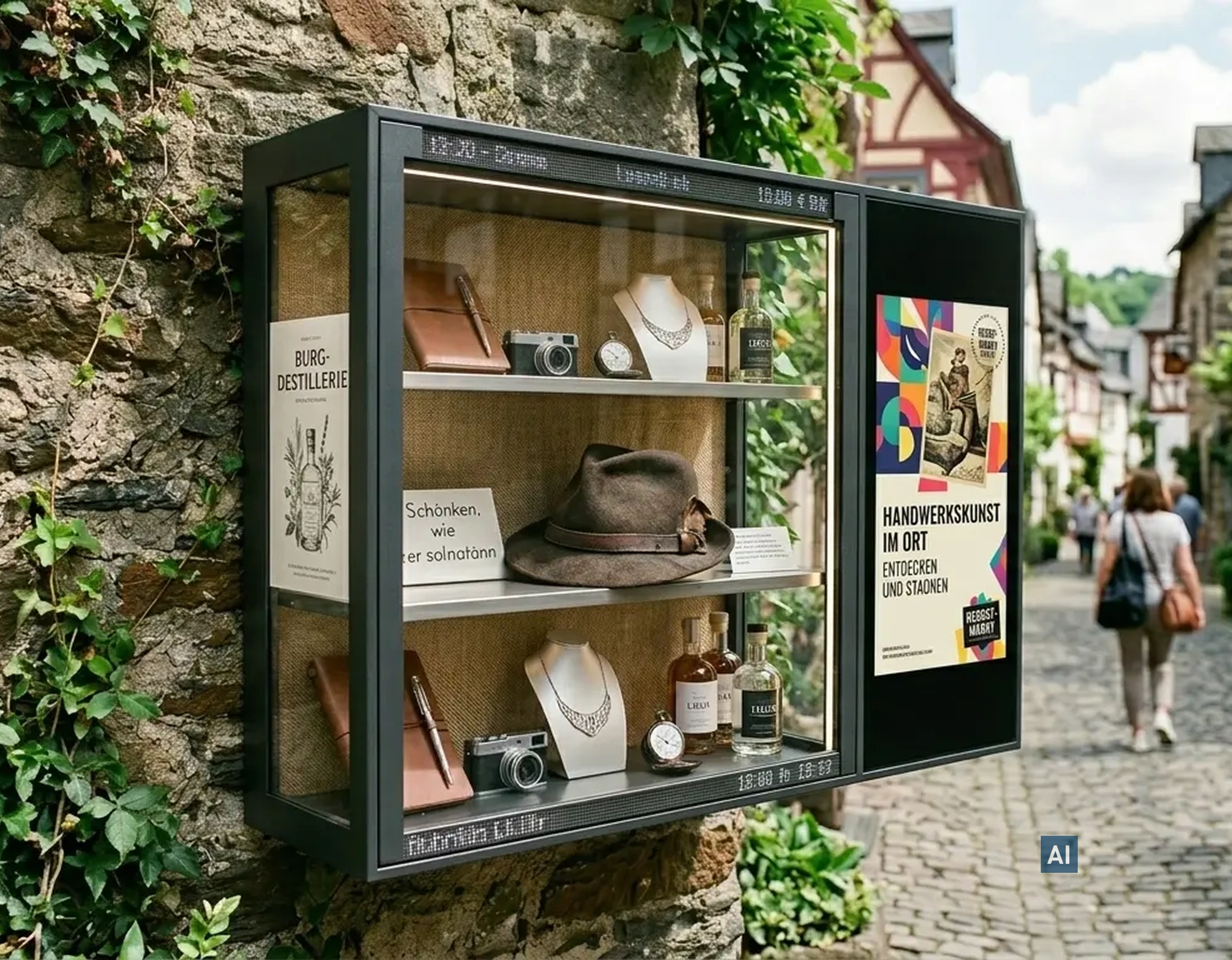 Schaukasten an einer Steinmauer mit Haverkamp Anti-Vandalismus-Folie klar für PC/PMMA, dahinter eine Altstadtgasse.