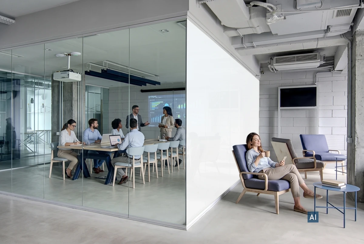 Haverkamp ClickFilm® Classic white auf Glaswand: links transparent zum Meeting, rechts blickdicht matt zur Lounge.