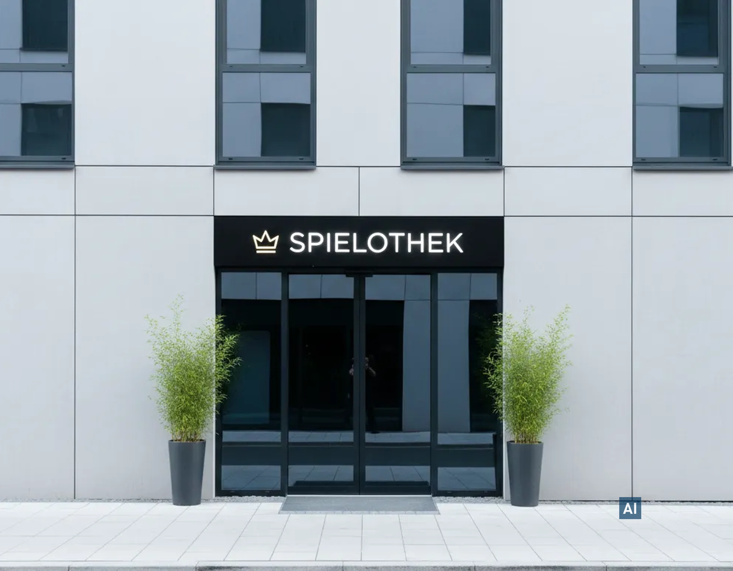 Spielothek-Eingang mit dunkler Fensterfront foliert mit Haverkamp Schwarz Undurchsichtig schirmt Innenbereich ab.