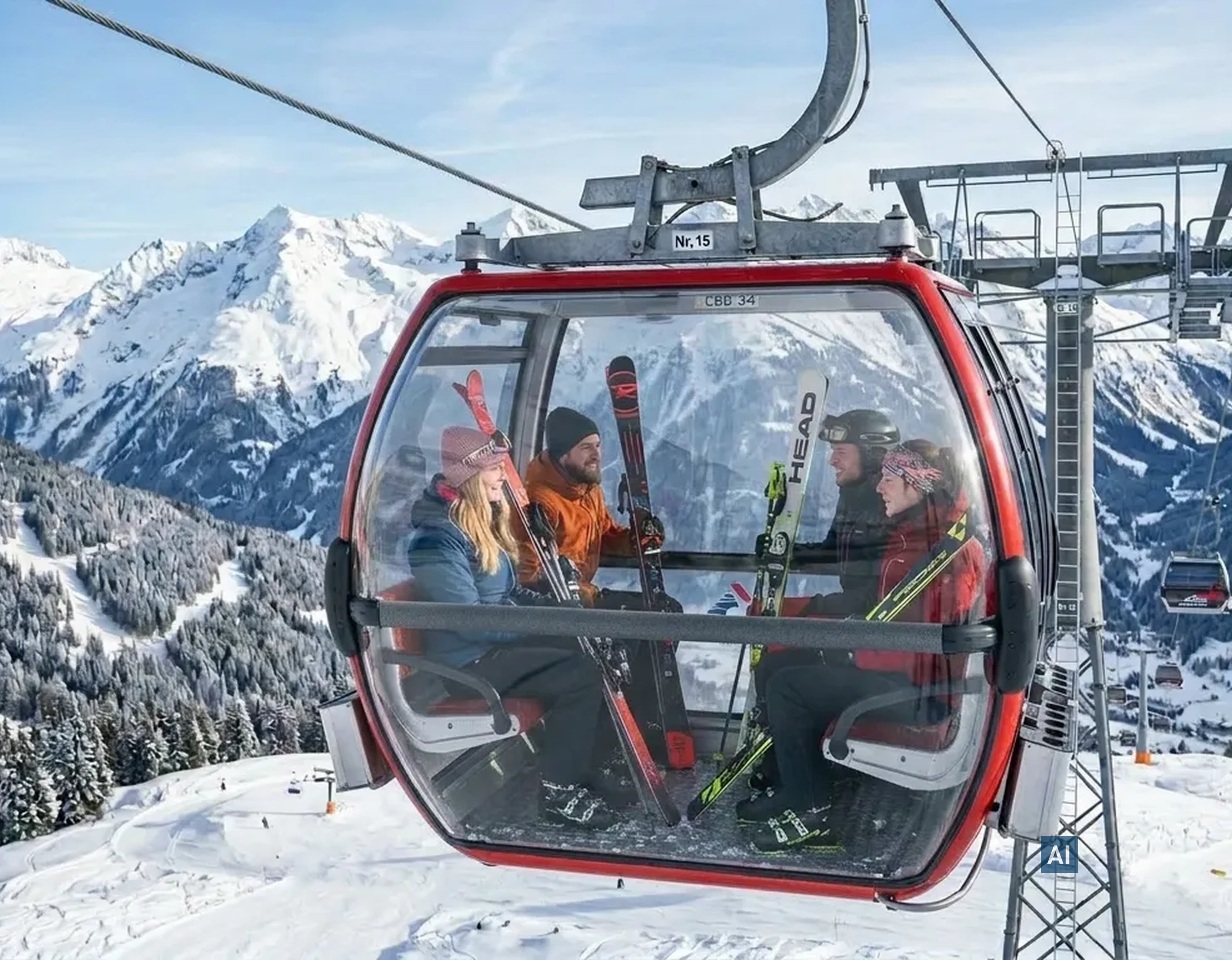 Seilbahn-Kabine im Skigebiet foliert mit Haverkamp Anti-Vandalismus-Folie klar für PC/PMMA schützt PMMA-Scheiben.