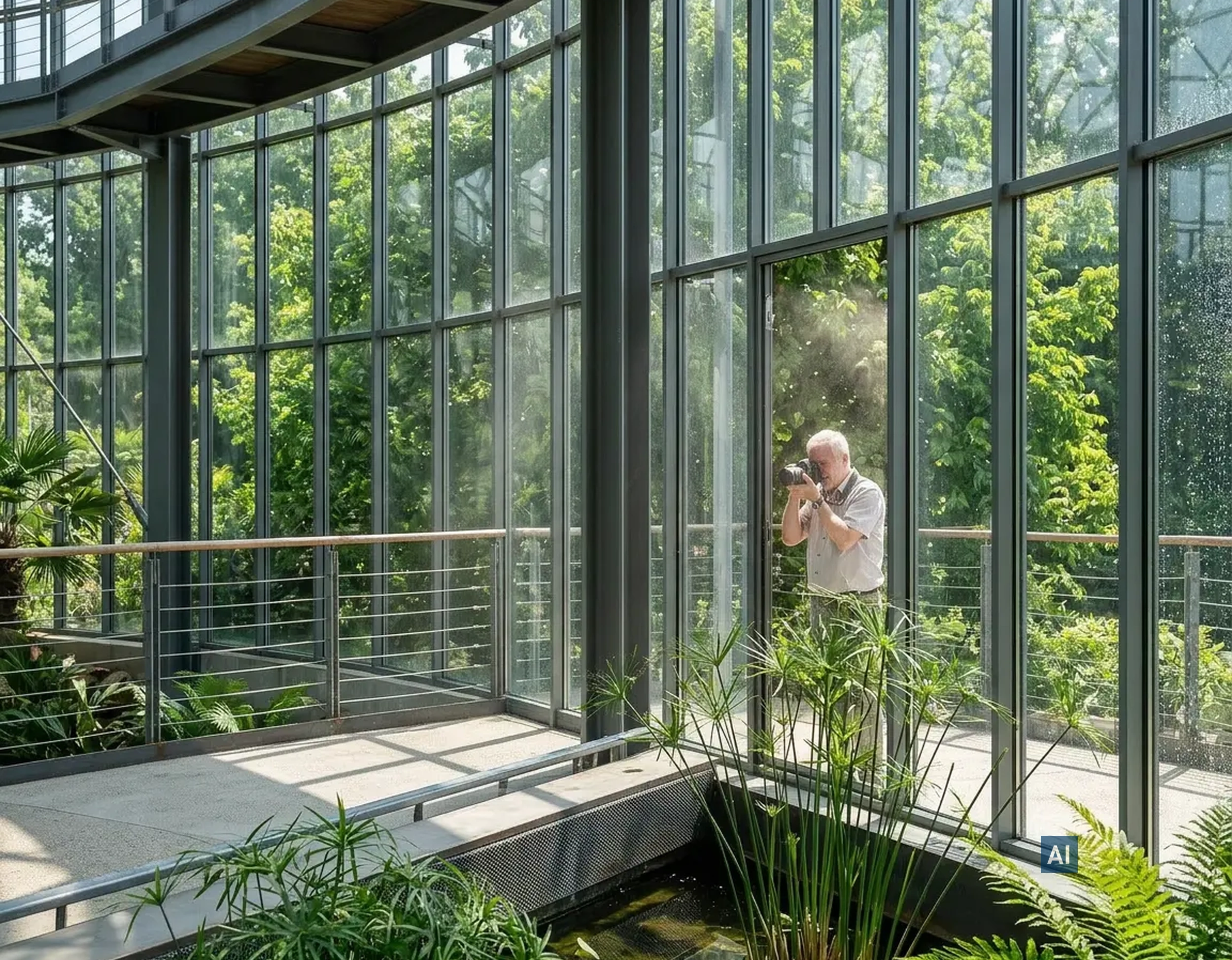 Tropenhaus mit Haverkamp Anti-Fog: Klare Sicht auf Pflanzen und einen Fotografen trotz hoher Luftfeuchtigkeit. 