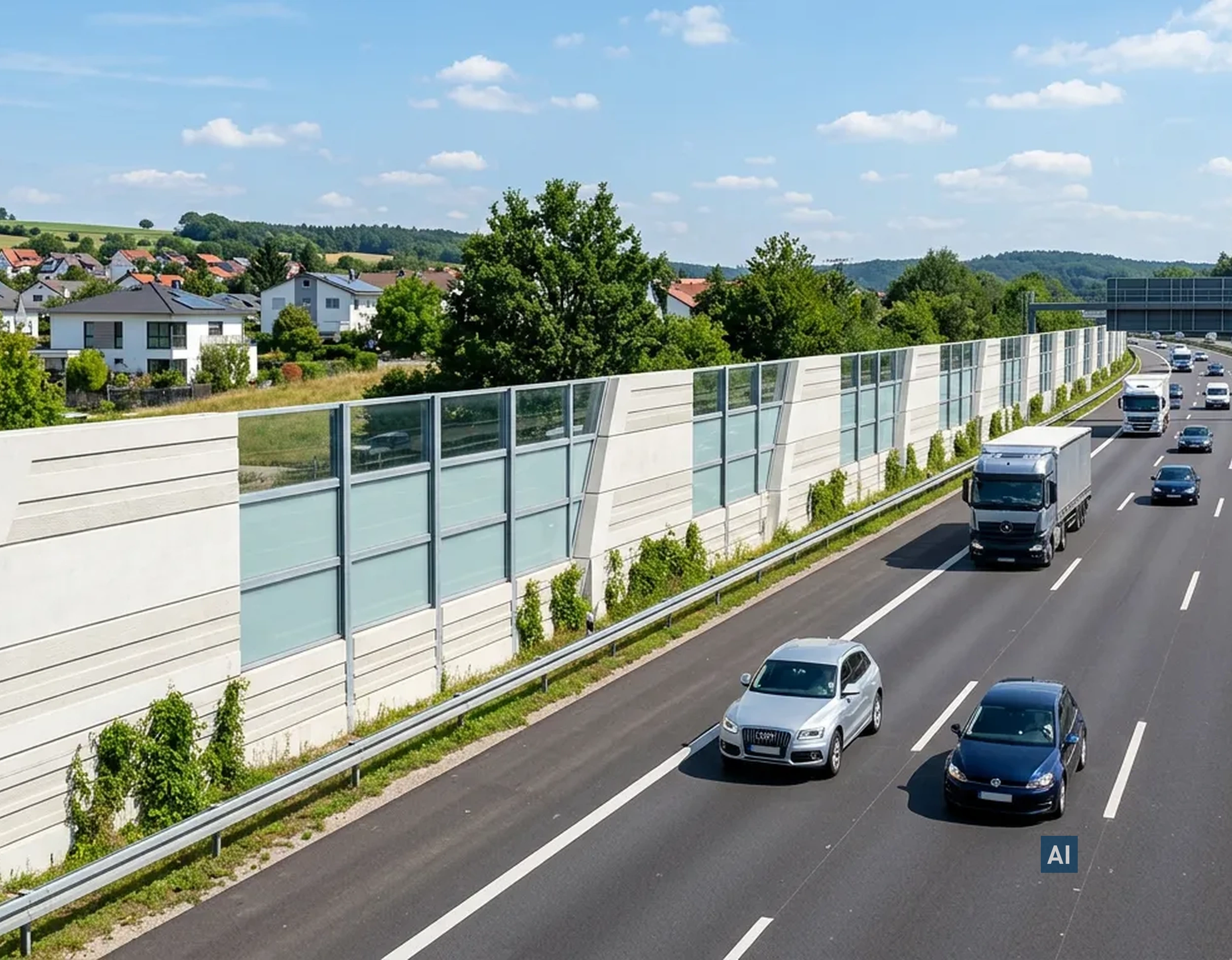 Schallschutzbarriere an Autobahn mit klarer Haverkamp Anti-Vandalismus-Folie für PC/PMMA schützt PMMA-Elemente.