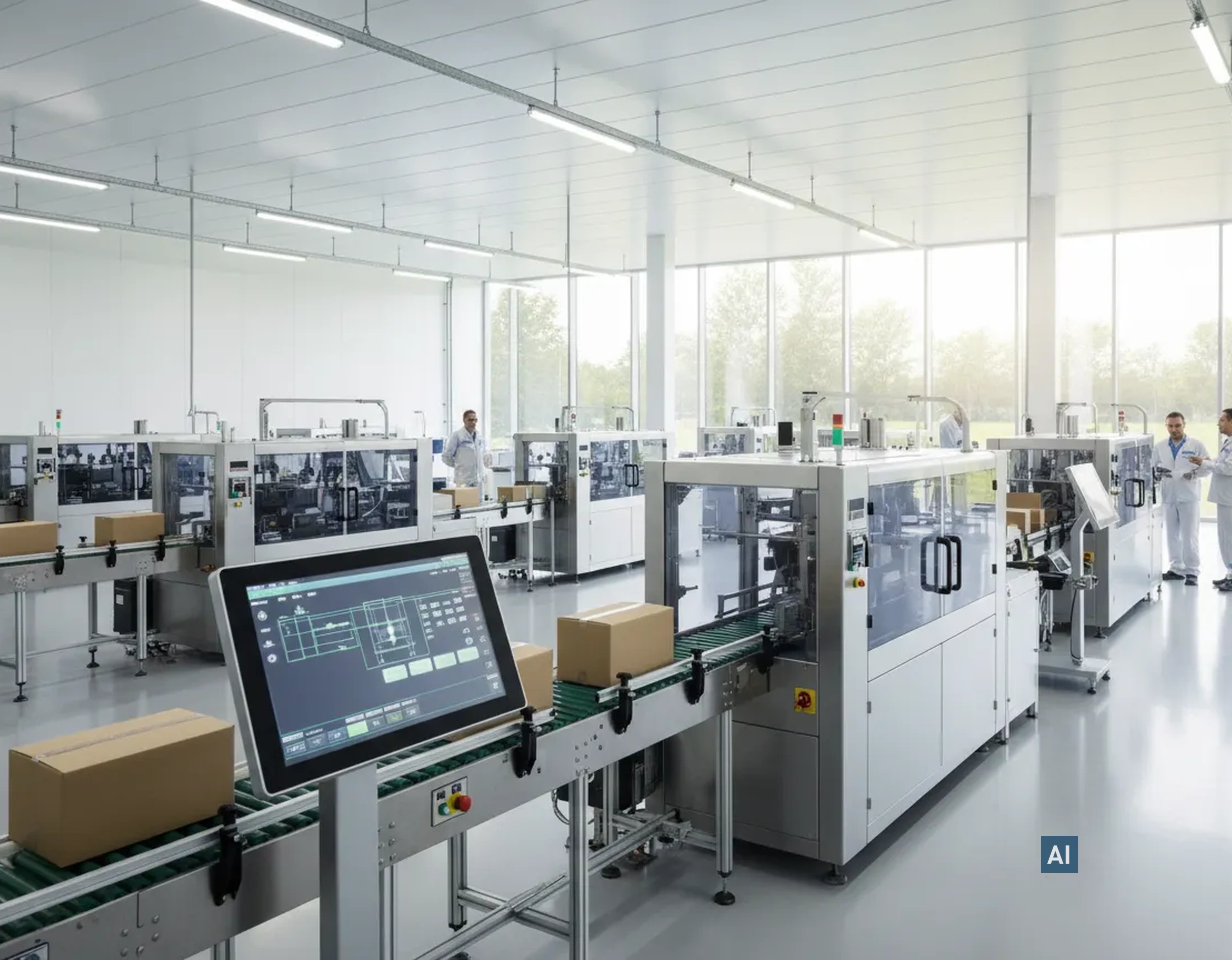 Verpackungsanlage mit Fensterfront geschützt durch Haverkamp AS A1 SR DIN EN 356-P2A, Kartons auf Förderbändern.