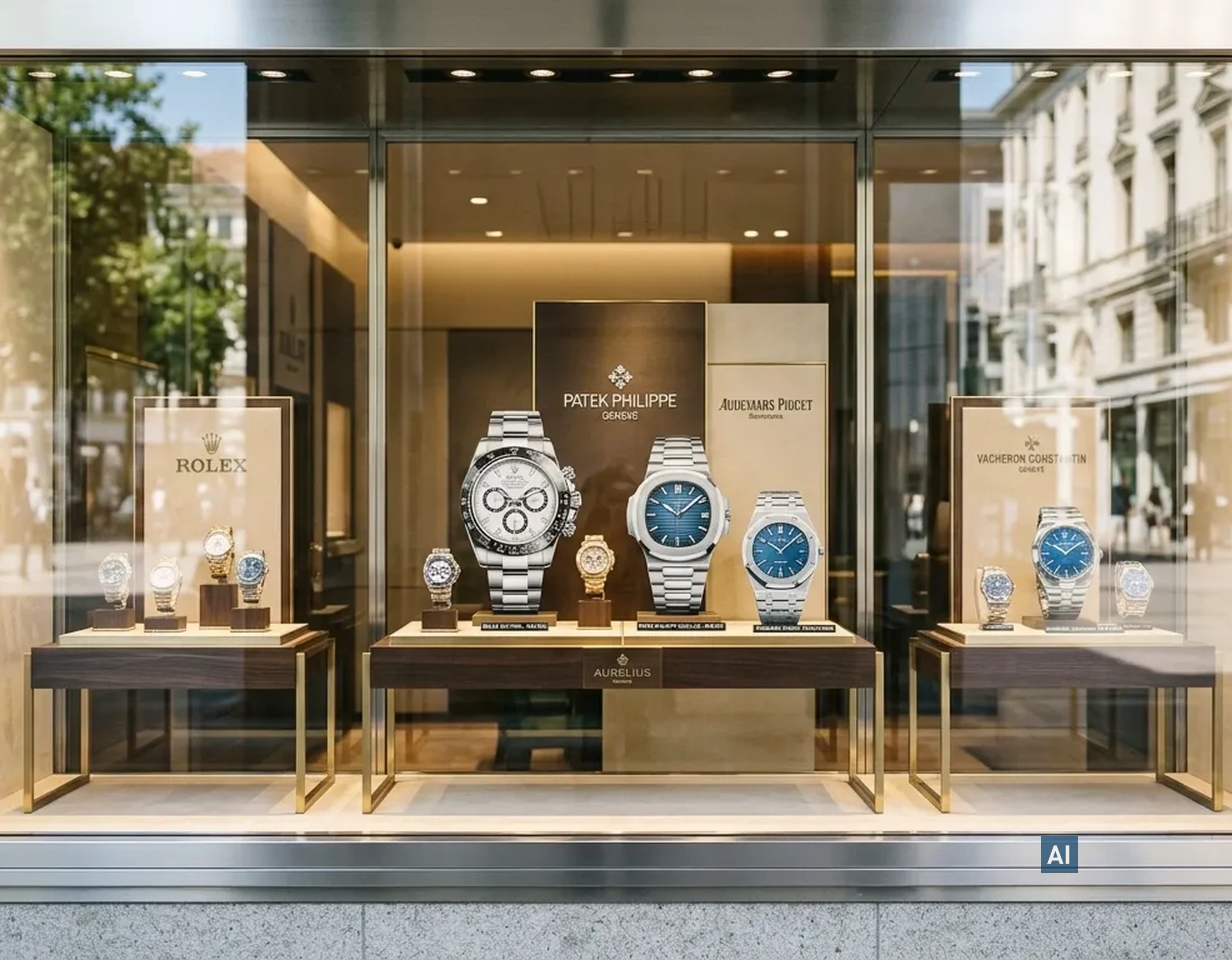 Juwelier-Schaufenster mit edler Uhren-Auslage, geschützt durch Haverkamp P3A SR DIN EN 356-P3A Einbruchschutzfolie.