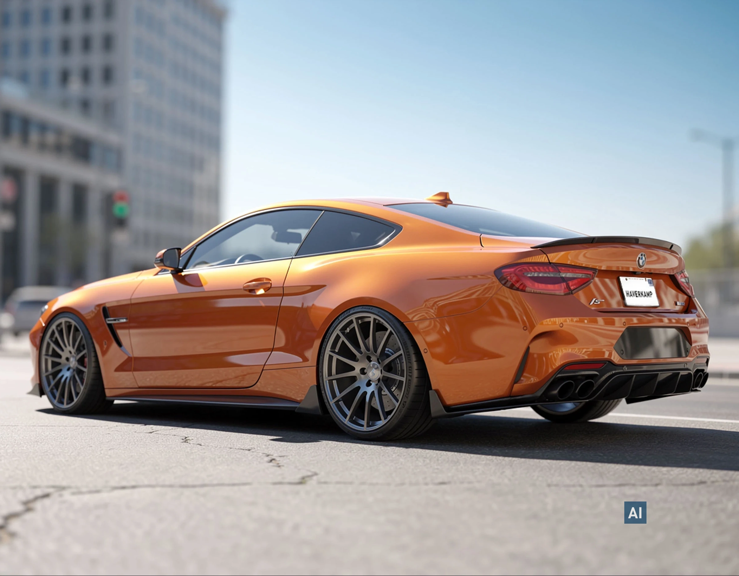 Orangefarbenes Coupé in der Stadt mit tiefschwarz getönten Scheiben durch HAVERKAMP Ceramic Bond 05 Keramikfolie.