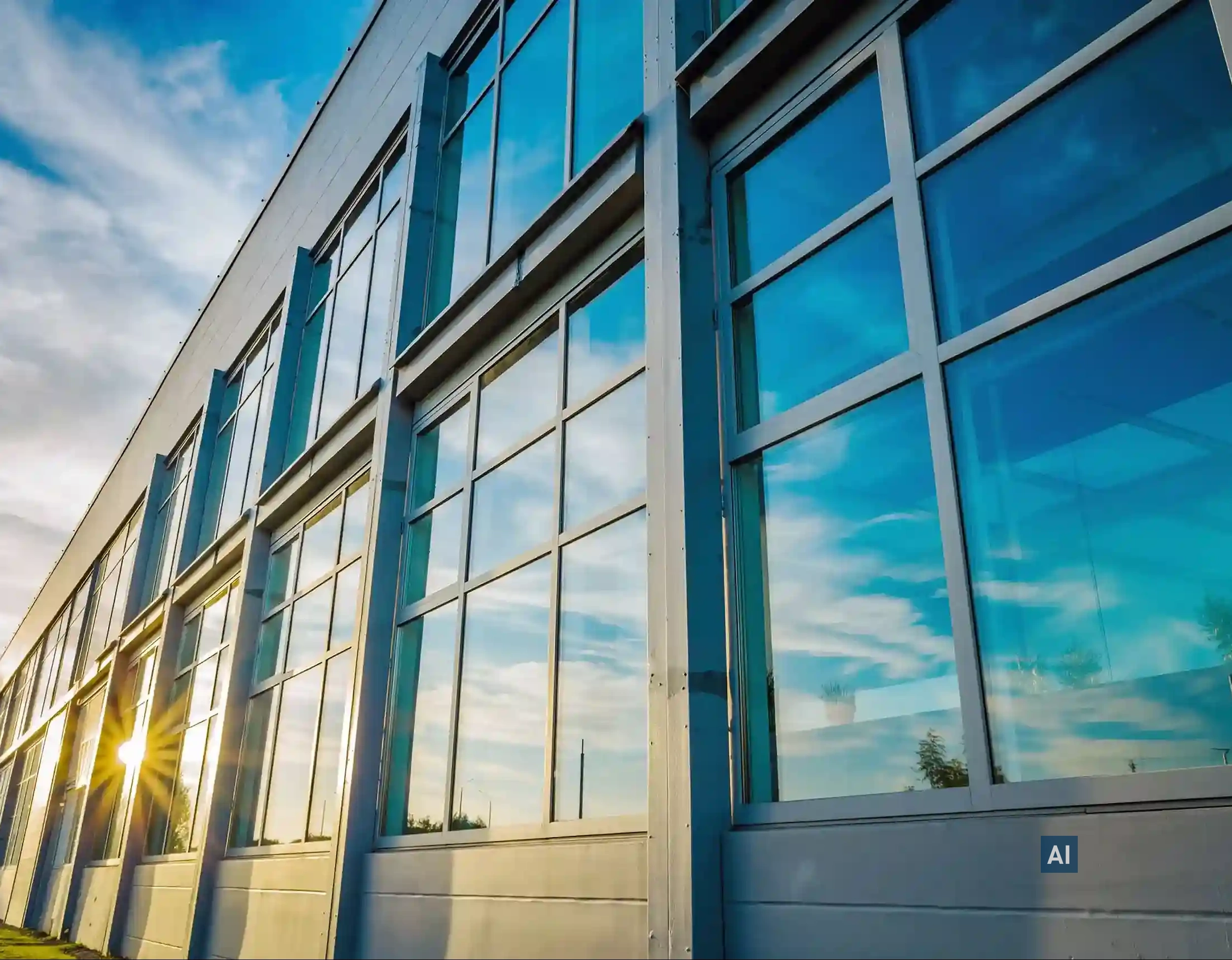 Moderne Industriehalle mit Haverkamp Sonnenschutzfolie Silber 20R SR auf der großen Glasfront.