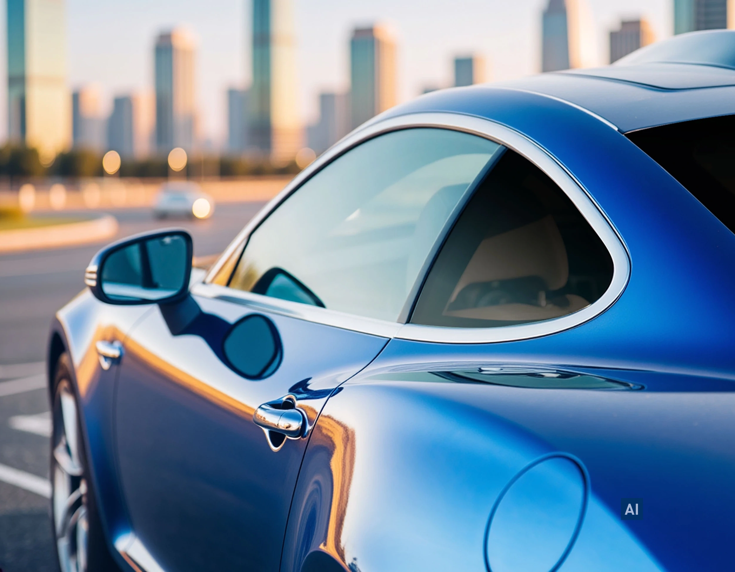 Blauer Sportwagen in der Stadt mit tiefschwarz getönten hinteren Scheiben durch HAVERKAMP Ceramic Bond 05 Folie.