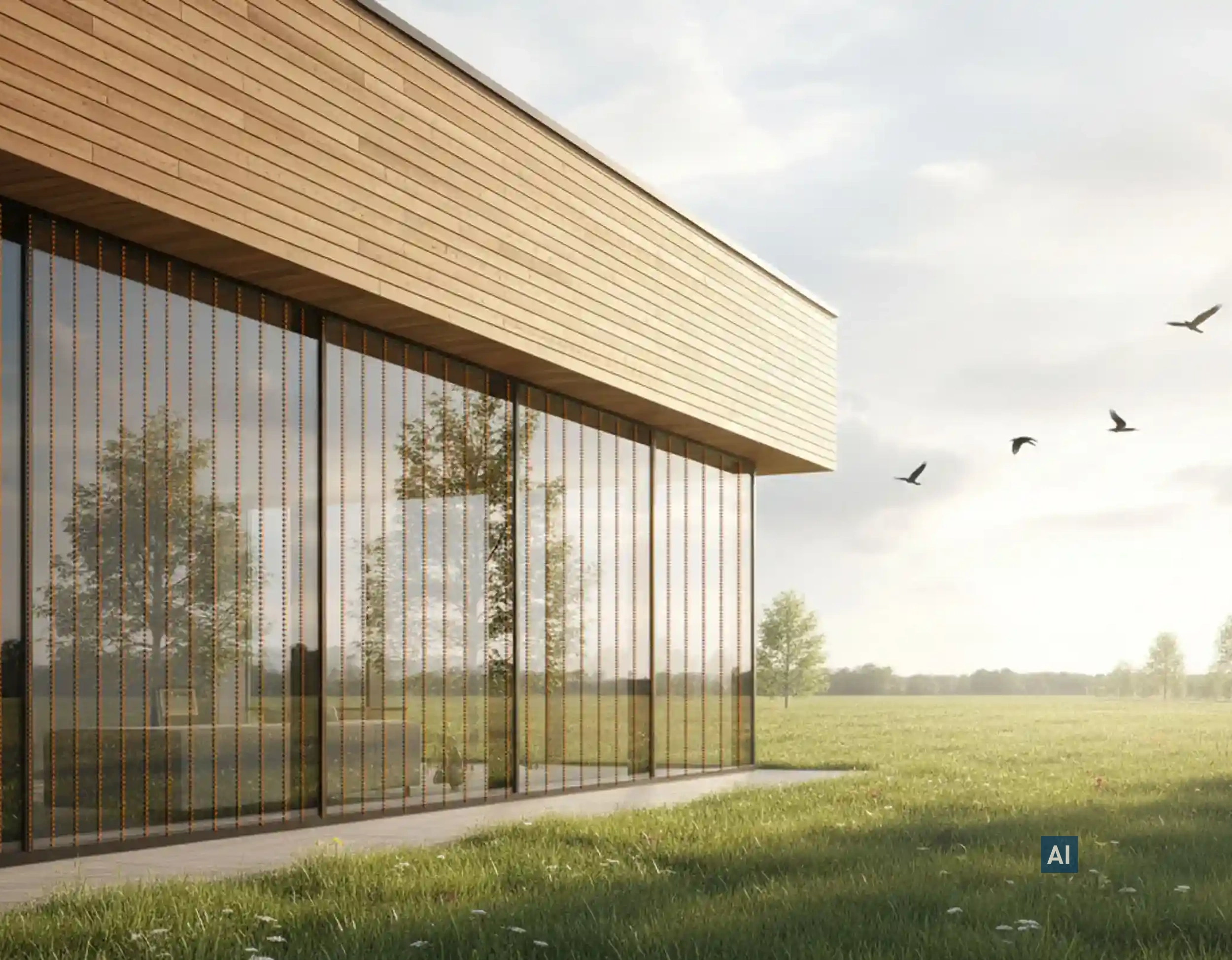 Holzbau mit Haverkamp birdsafe® Vogelschutzfolie mit Rautenmuster orange schwarz, Vögel fliegen über grüne Wiese.