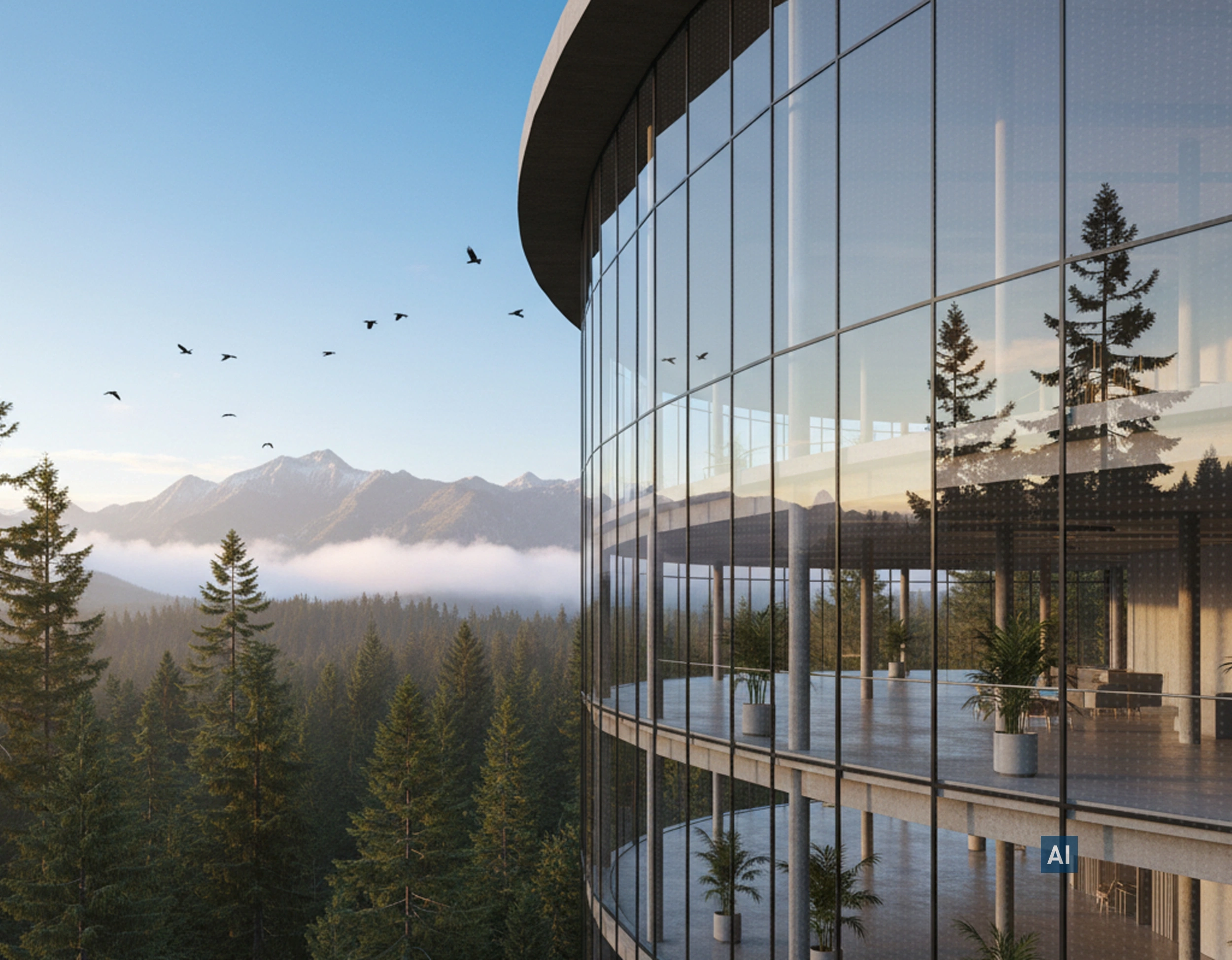 Rundes Bürogebäude mit Haverkamp birdsafe® Vogelschutzfolie mit Punkten silber silber vor Nadelwald und Bergen.