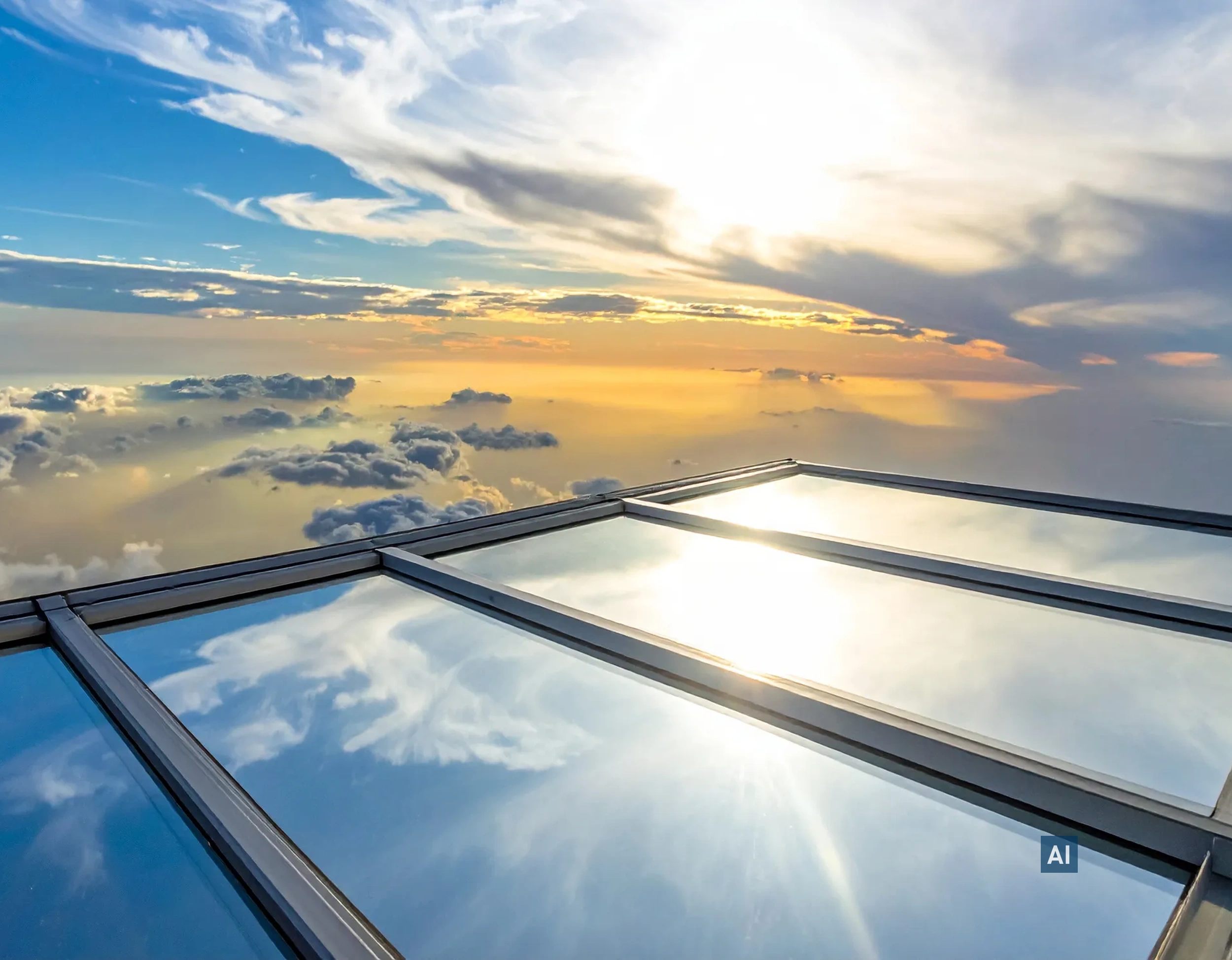 Flachdach-Fenster mit Haverkamp Silber Hell 50R SR Primus Plus Folie reflektiert das Sonnenlicht am Himmel.