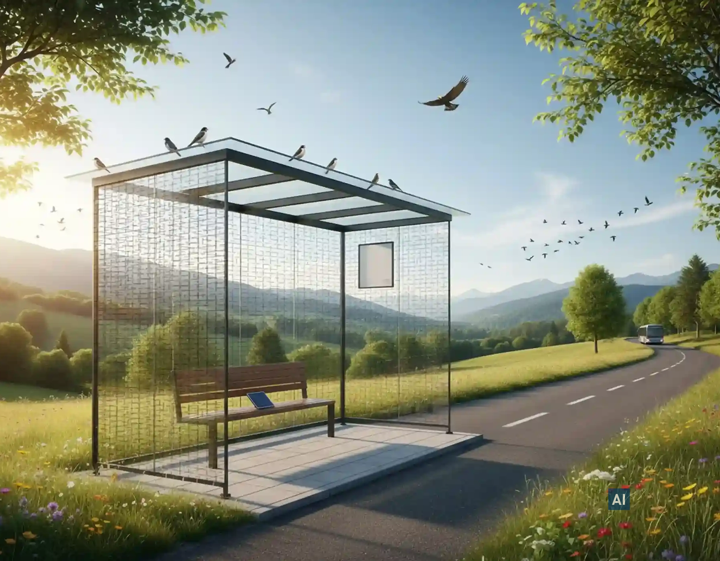 Haverkamp Birdsafe black interieur an Bushaltestelle, Straße führt durch grüne Landschaft mit fliegenden Vögeln.