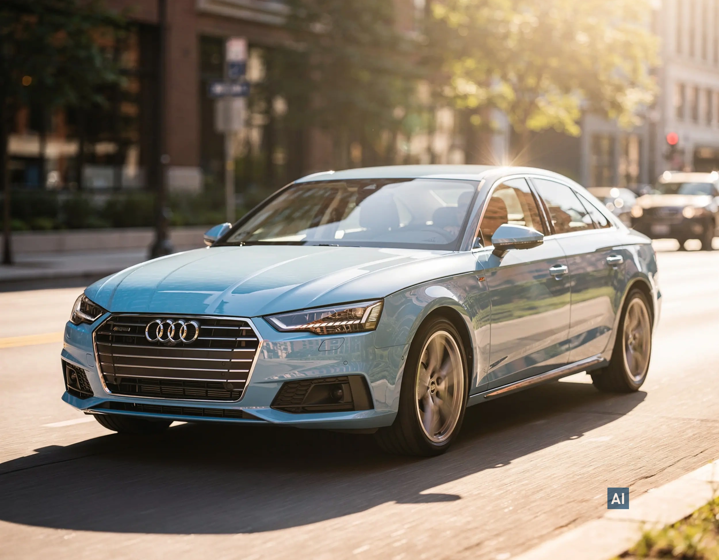 Hellblauer Audi A4 fährt auf sonnendurchfluteter Stadtstraße vorbei an Gebäuden.