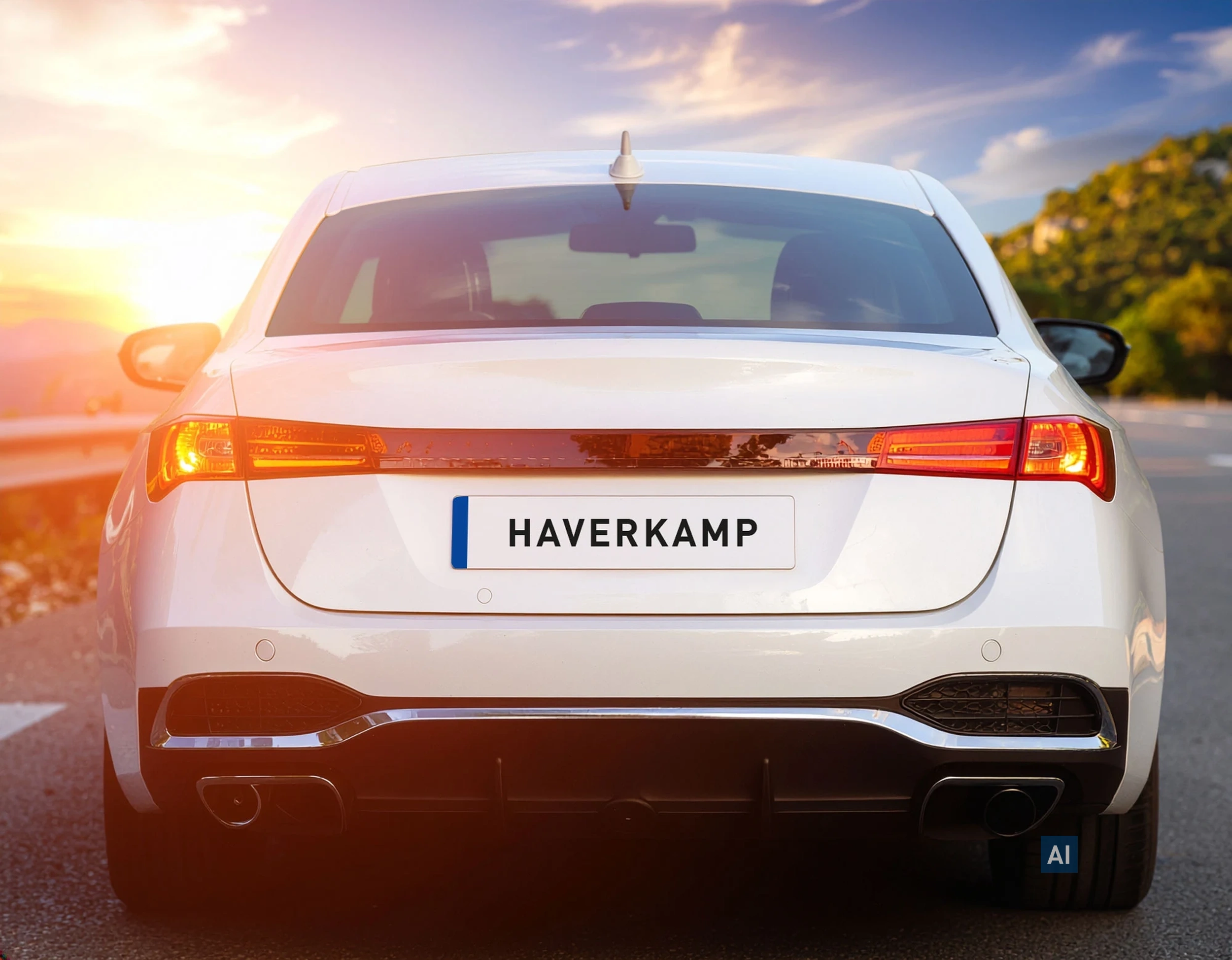 Weißes Auto bei Sonnenuntergang; Heckscheibe schützt dezent getönt mit HAVERKAMP Ceramic Bond 40 vor Hitze.