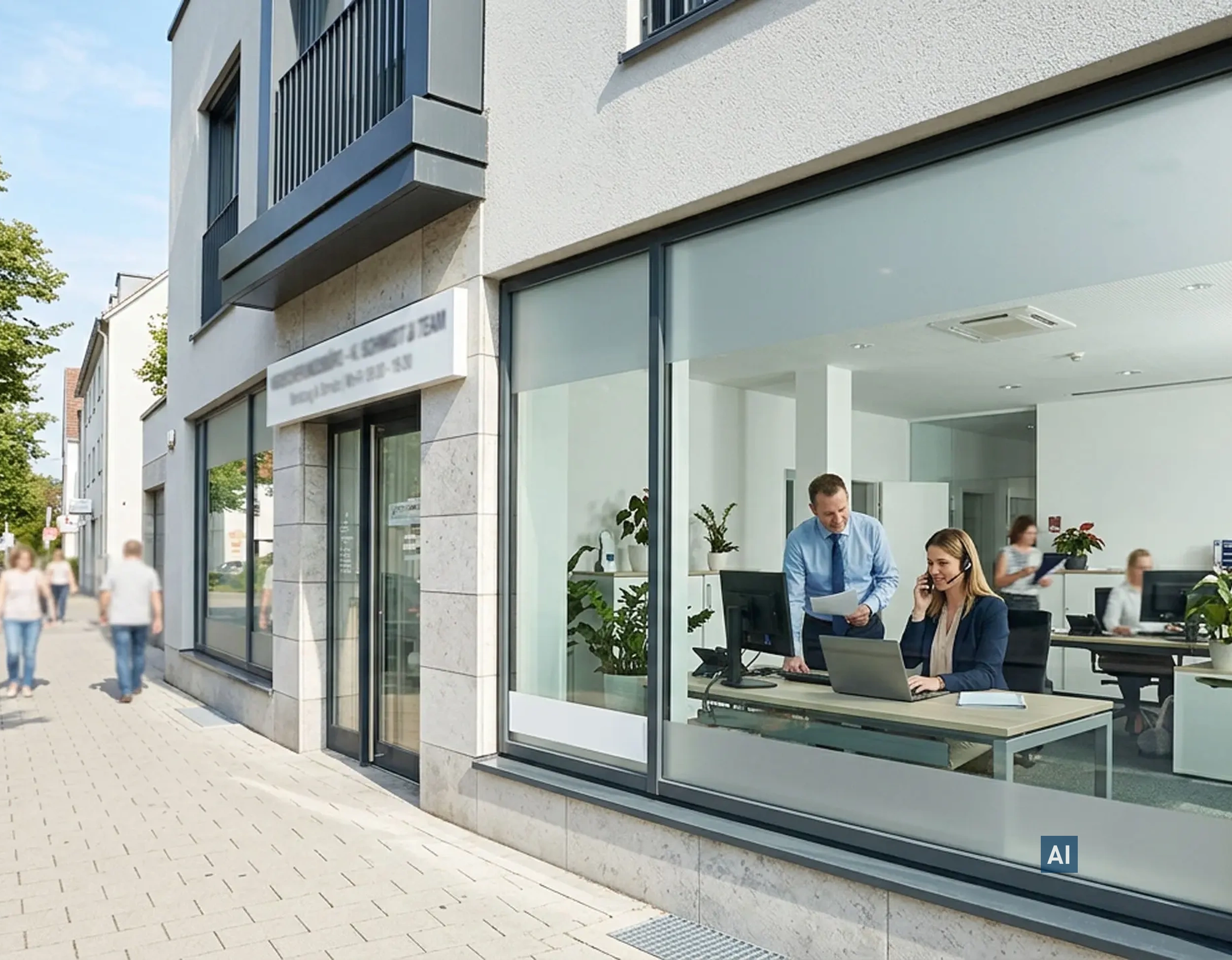Modernes Bürogeschäft mit großer Glasfront und Haverkamp Brilliant 70NR SR Sonnenschutzfolie.