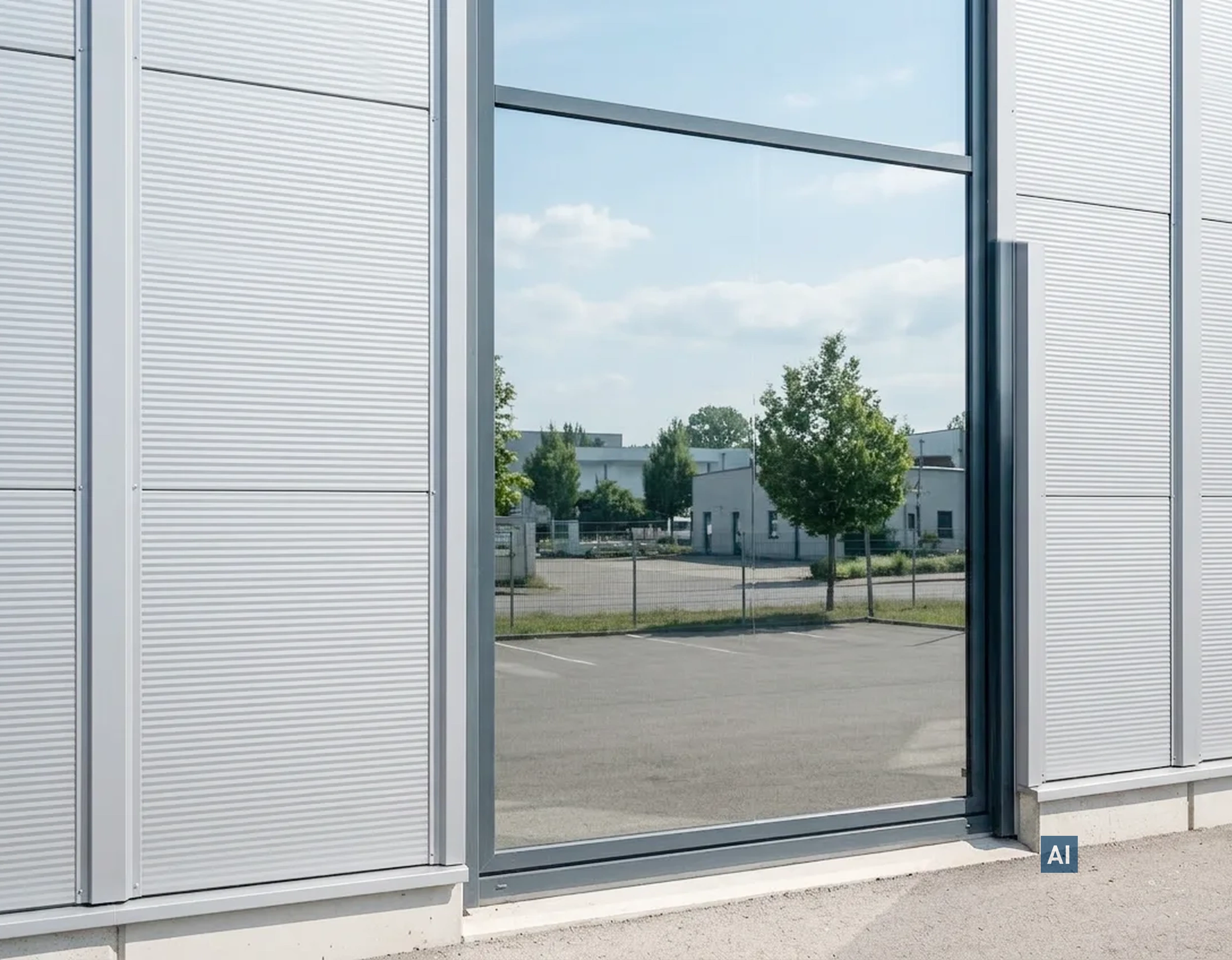 Industriegebäude mit Fenstern foliert mit Haverkamp Silber Schwarz Undurchsichtig Primus SR im Außenbereich.