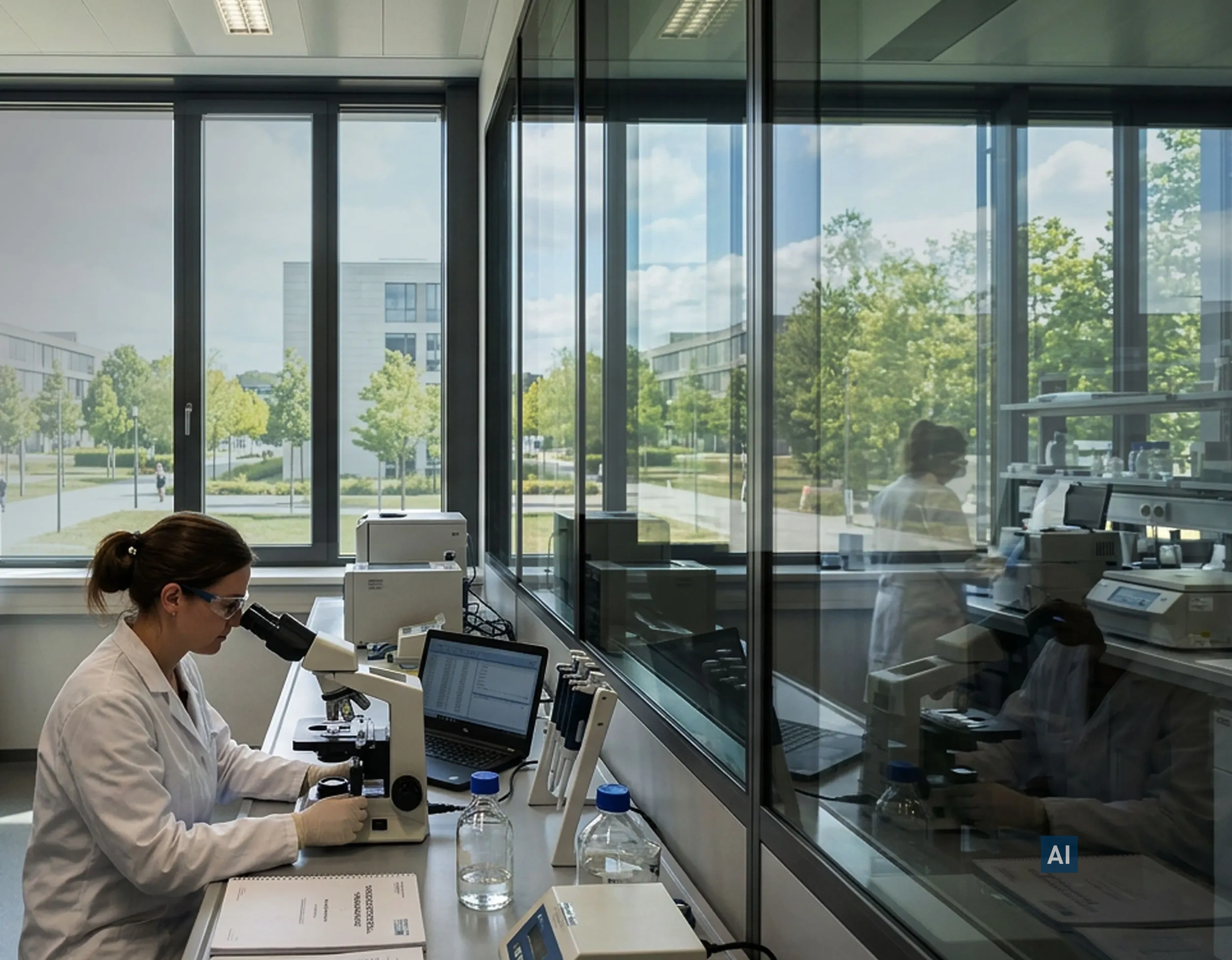 Laborraum mit Wissenschaftler am Mikroskop, große Fensterfront mit Haverkamp Silber 35R SR