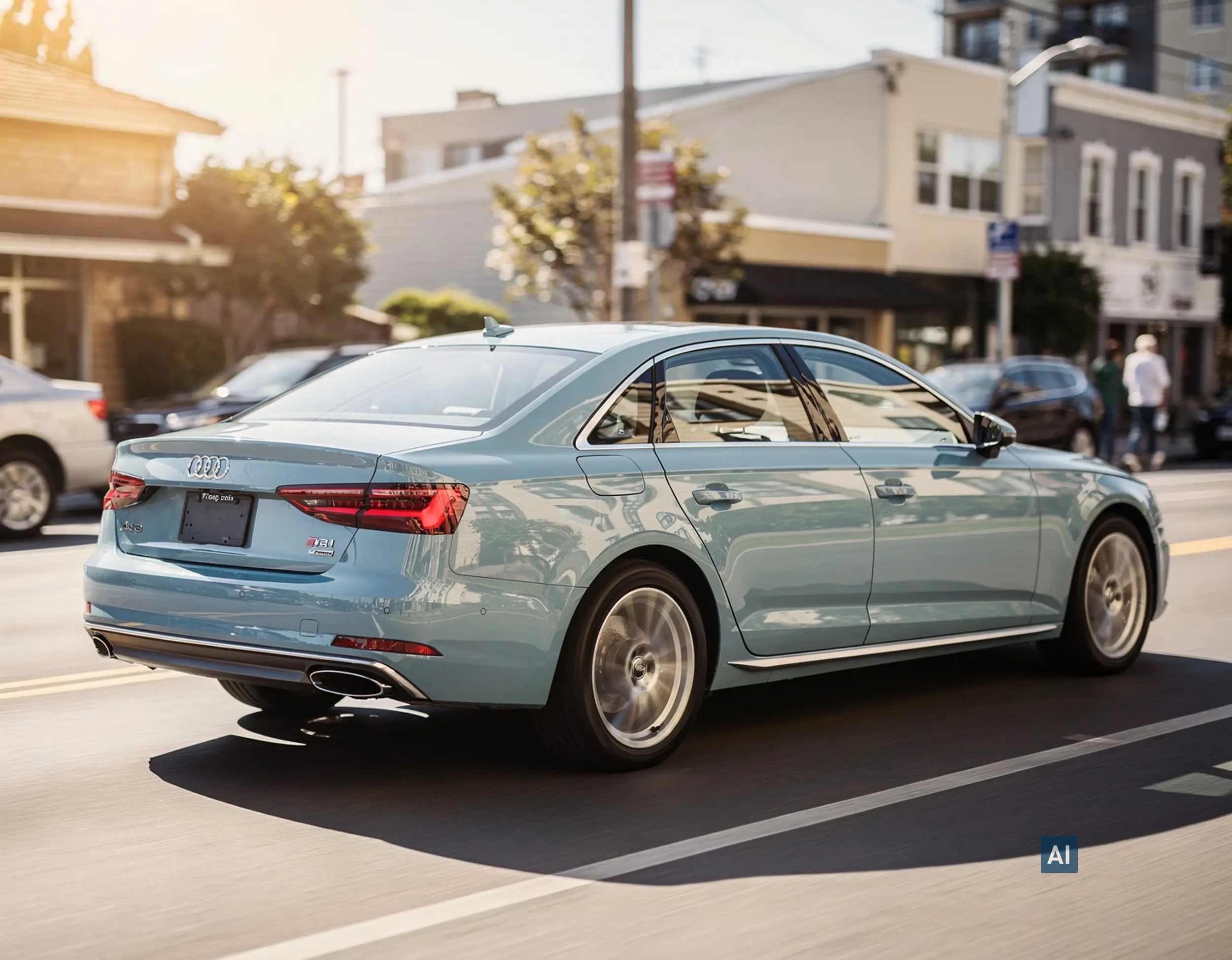 Hellblauer Audi fährt an einer sonnigen Stadtstraße mit Gebäuden im Hintergrund vorbei.