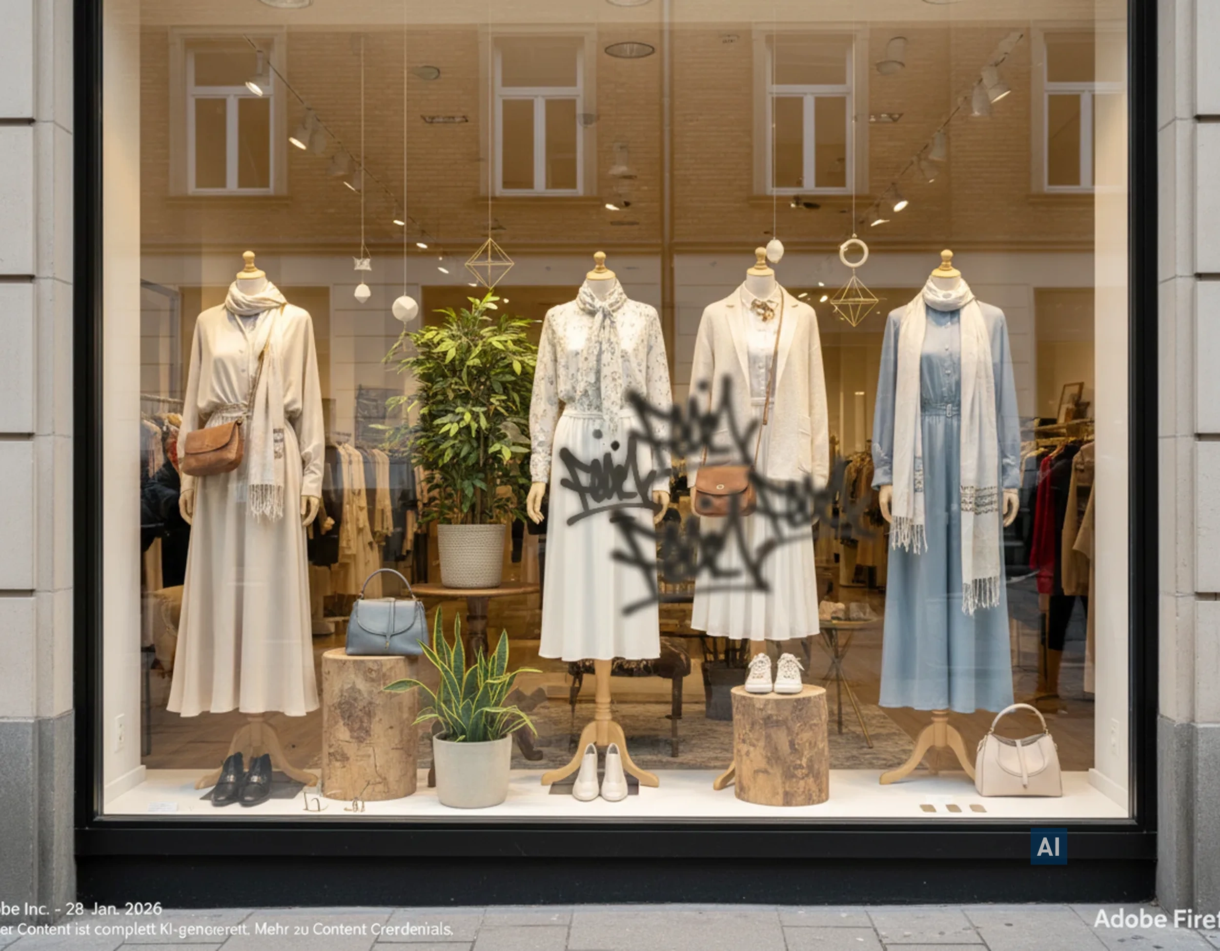 Modegeschäft mit klarer Haverkamp Anti-Vandalismus-Folie für Glas auf dem Schaufenster, Schaufensterpuppen und Graffiti.