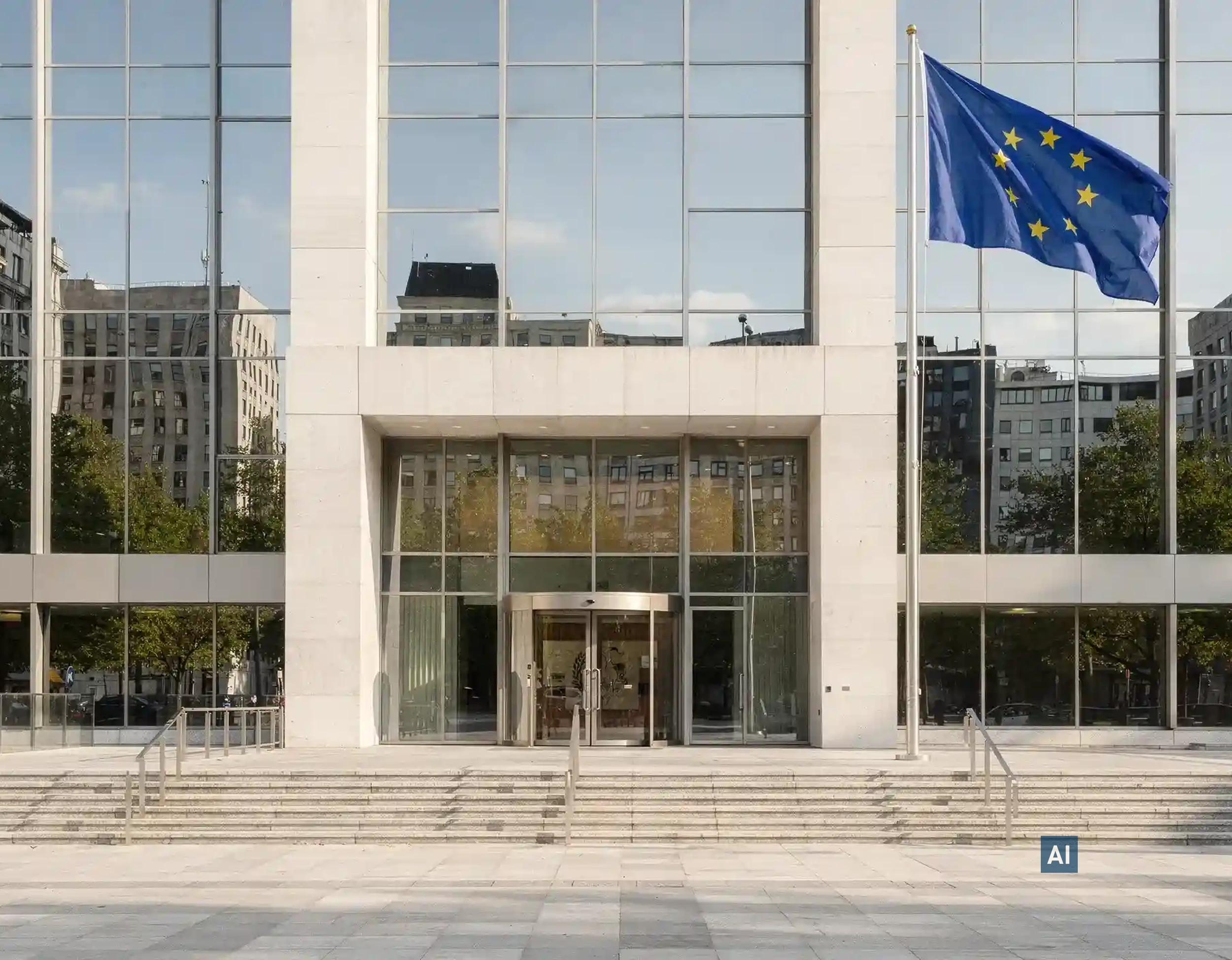 EU-Flagge vor Behördeneingang mit Haverkamp Shielding mittel 25 RS sr Primus Plus Abhörschutzfolie auf Glasfassade.
