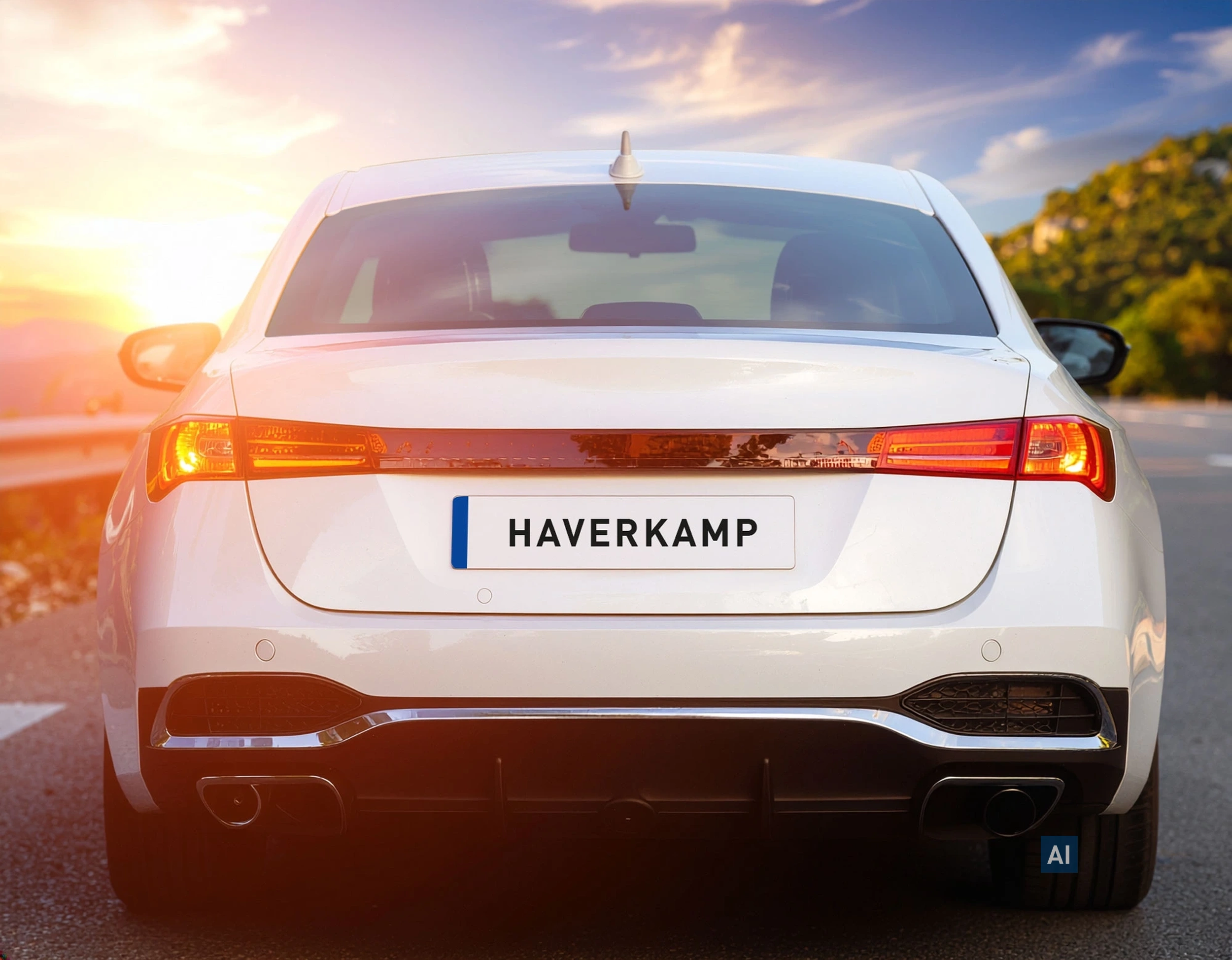 Weißes Auto bei Sonnenuntergang; die Heckscheibe schützt fast unsichtbar mit HAVERKAMP Ceramic Bond 70.