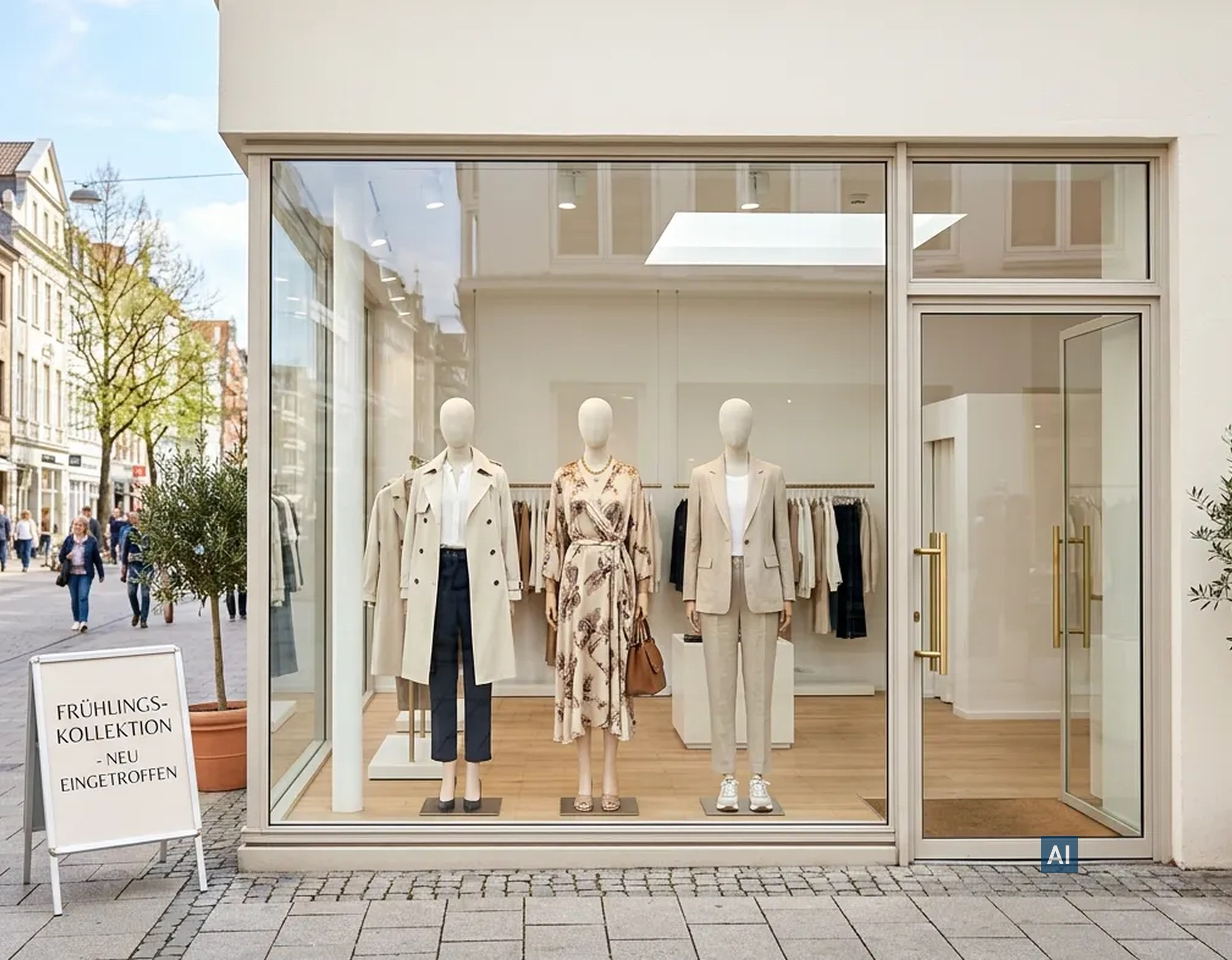 Modeboutique mit Haverkamp AS A1 SR DIN EN 356-P2A geschützt, Schaufensterpuppen mit Frühlingskollektion in Fußgängerzone. 