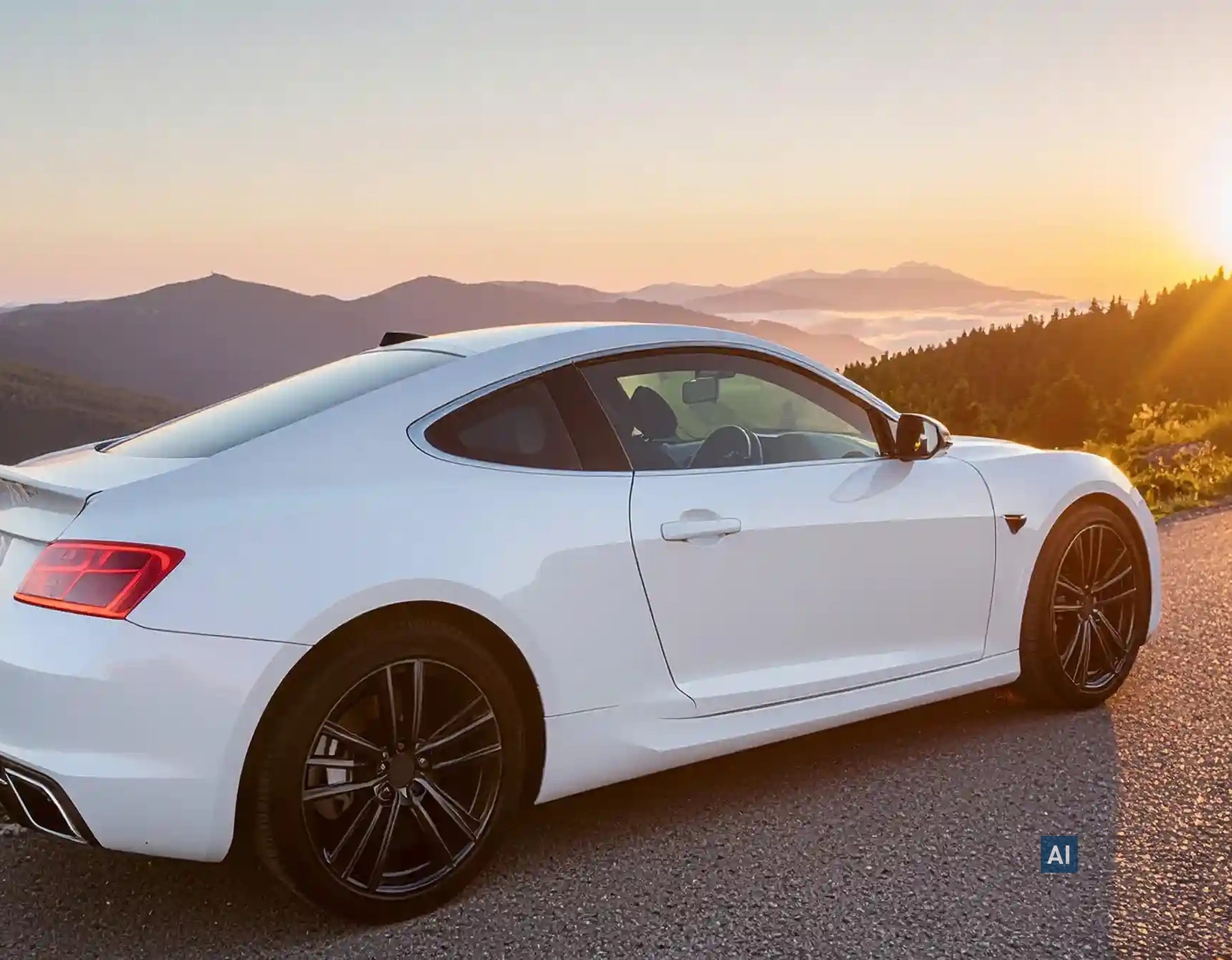 Weißes Sportcoupé in den Bergen bei Sonnenaufgang mit dezenter HAVERKAMP Ceramic Bond 50 Tönung der Heckscheiben.