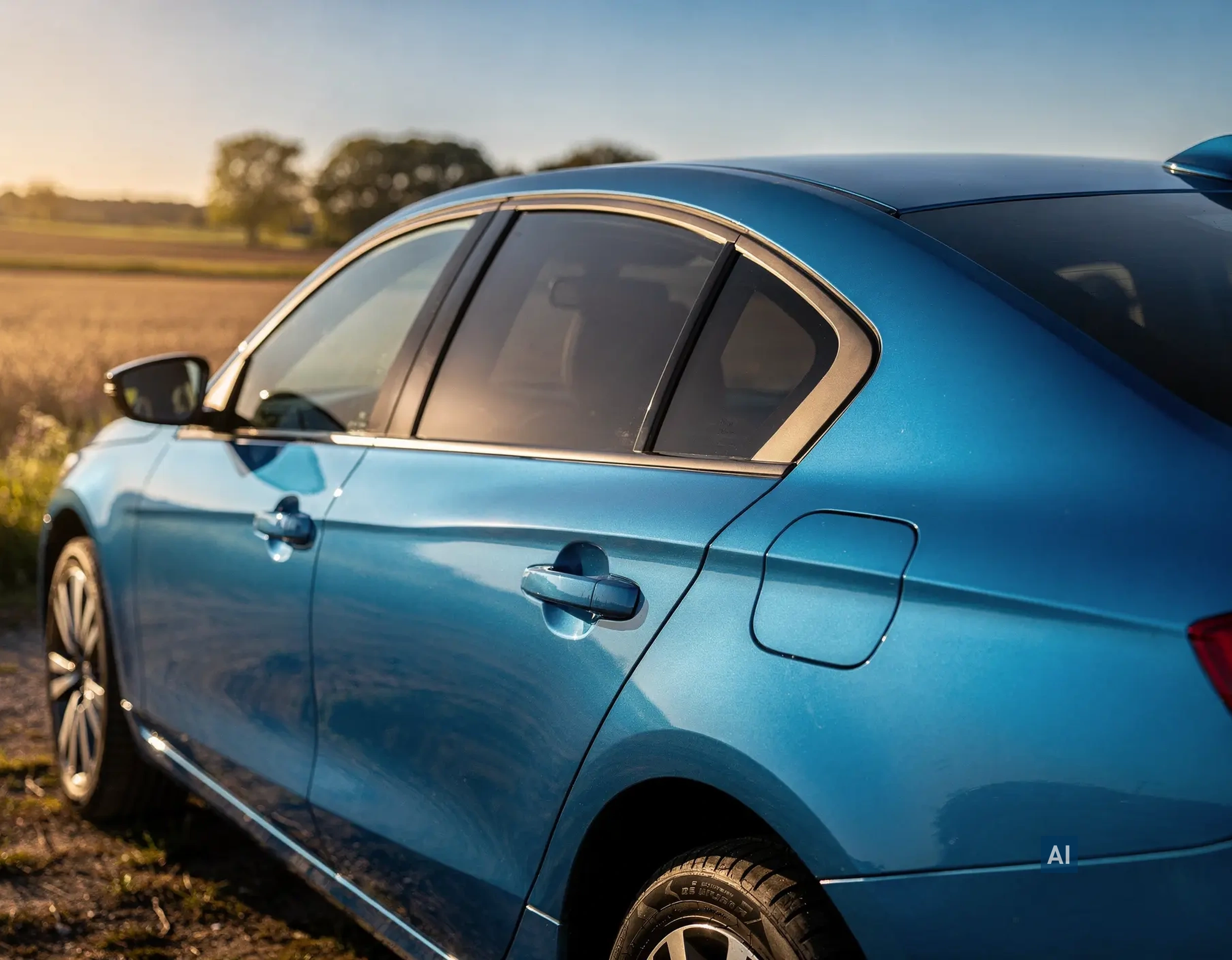 Blaues Auto auf einem Feldweg bei Sonnenuntergang; hintere Scheiben dunkel getönt mit HAVERKAMP Basic Bond 05.