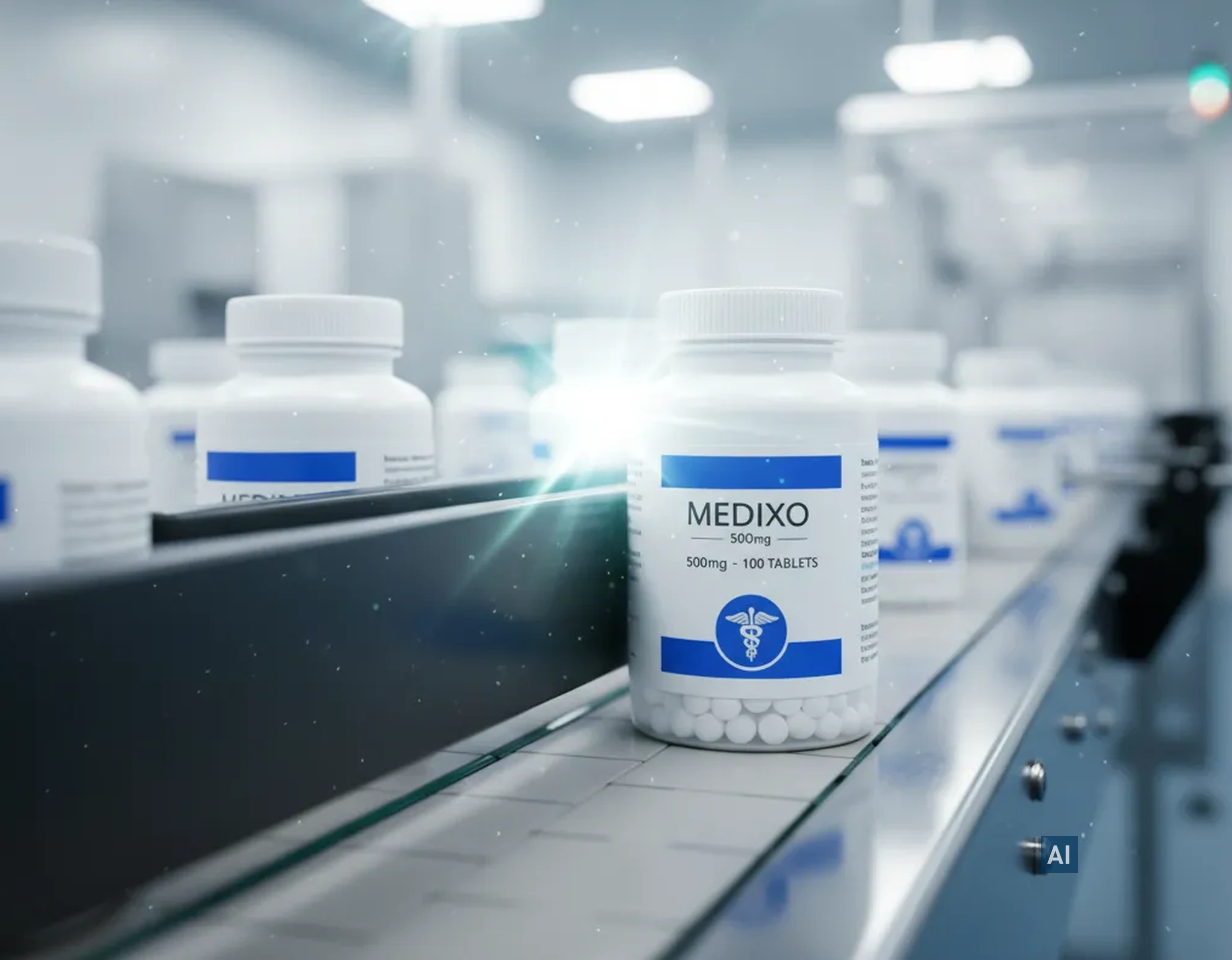 Pharmaflaschen auf Förderband hinter Haverkamp glasklar safe 230µ SR, helle Laborproduktion im Hintergrund.