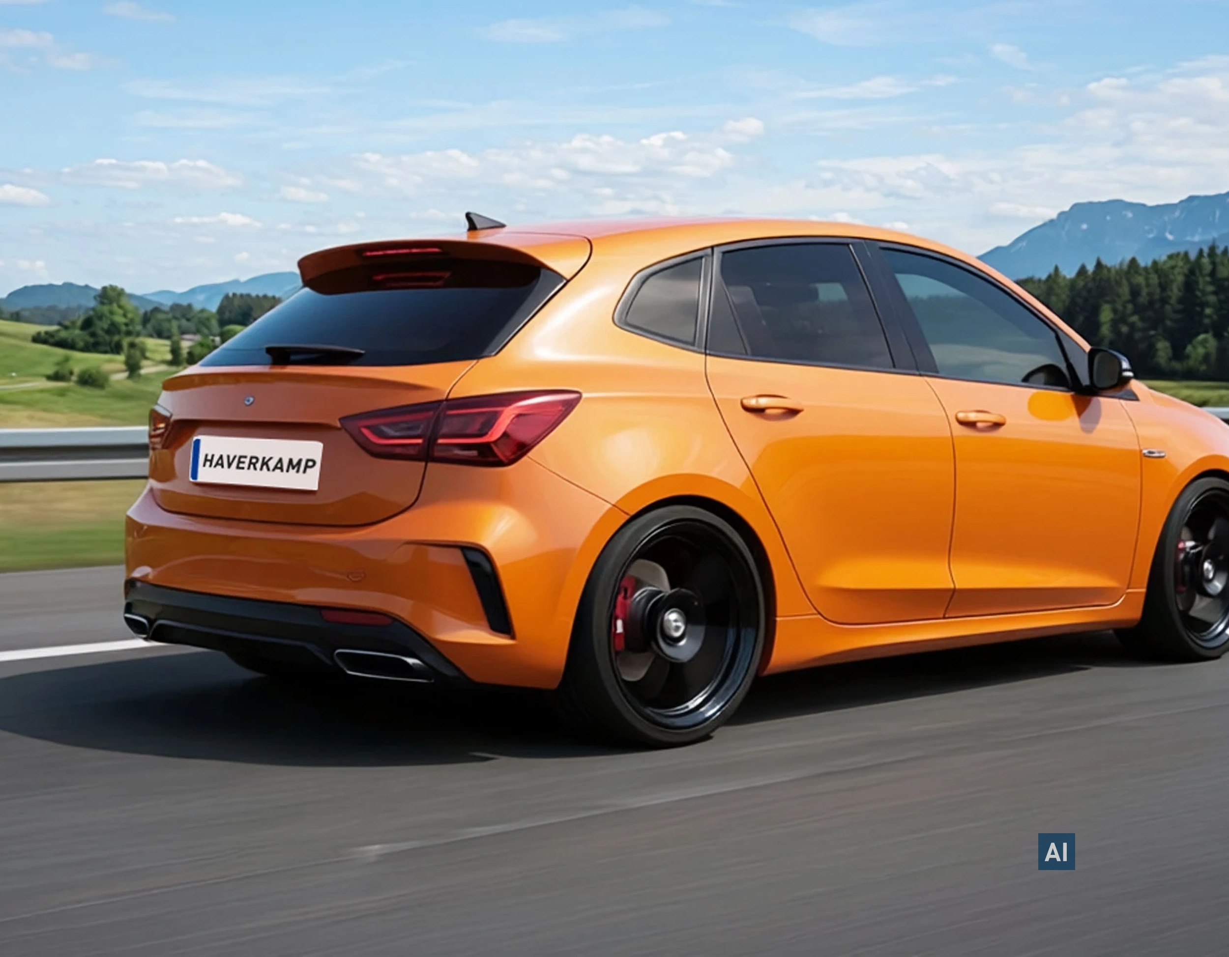 Orangefarbenes Auto auf der Autobahn mit tiefschwarz getönten Heckscheiben durch HAVERKAMP Pure Bond 05 Folie.